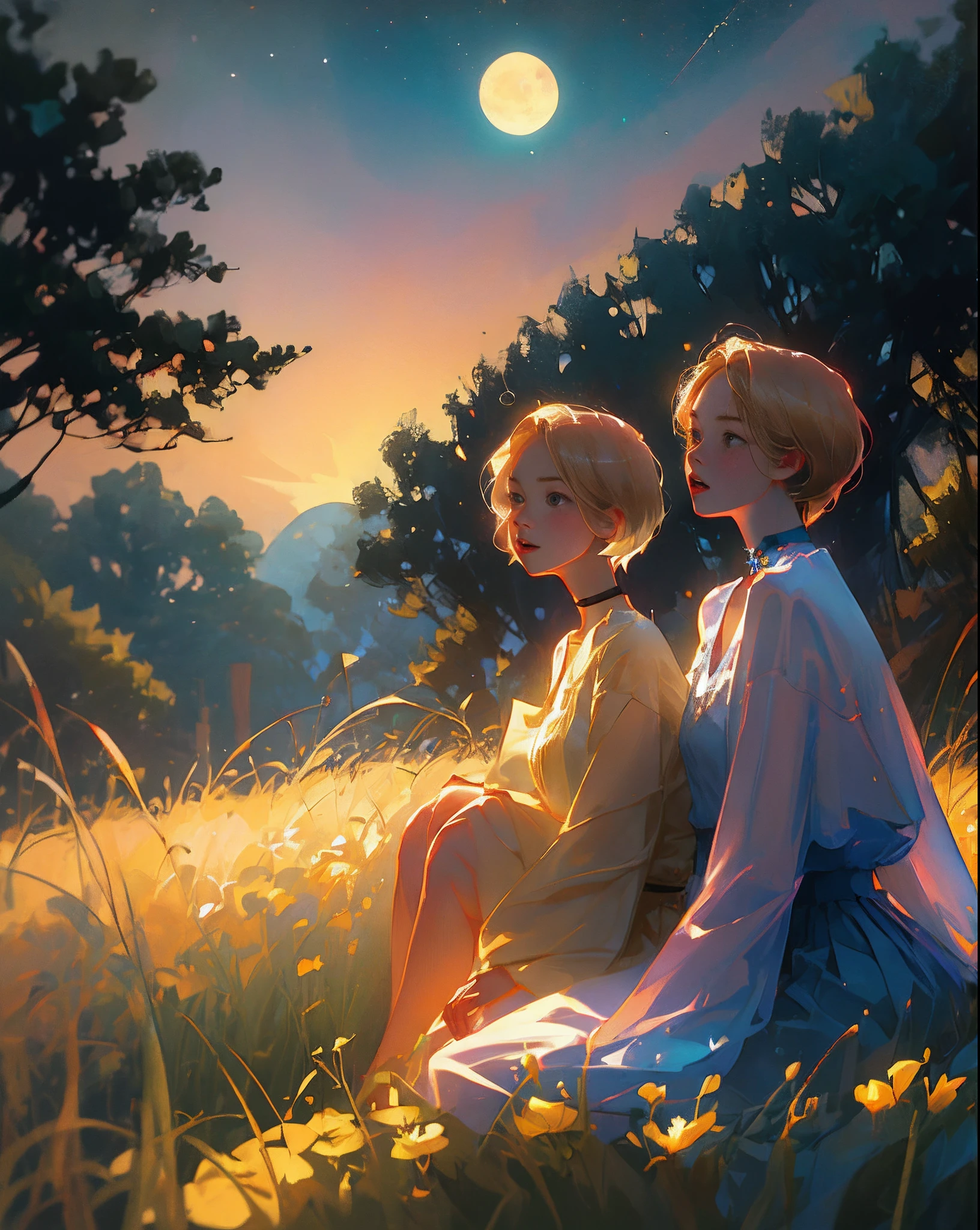 top-quality、Masterpiece、1womanl、独奏、20yr old、Looking Up The Sky、Open your mouth and laugh、(From the side Side:1.3)、Face focus、 Slender body、(Blonde short hair low double tail 1.3)、Brown Tank Top、Blushing、starrysky、Lots of Rice Fields、Illuminated by moonlight、Sitting on the Steppe、choker necklace、Hide your hands behind your back