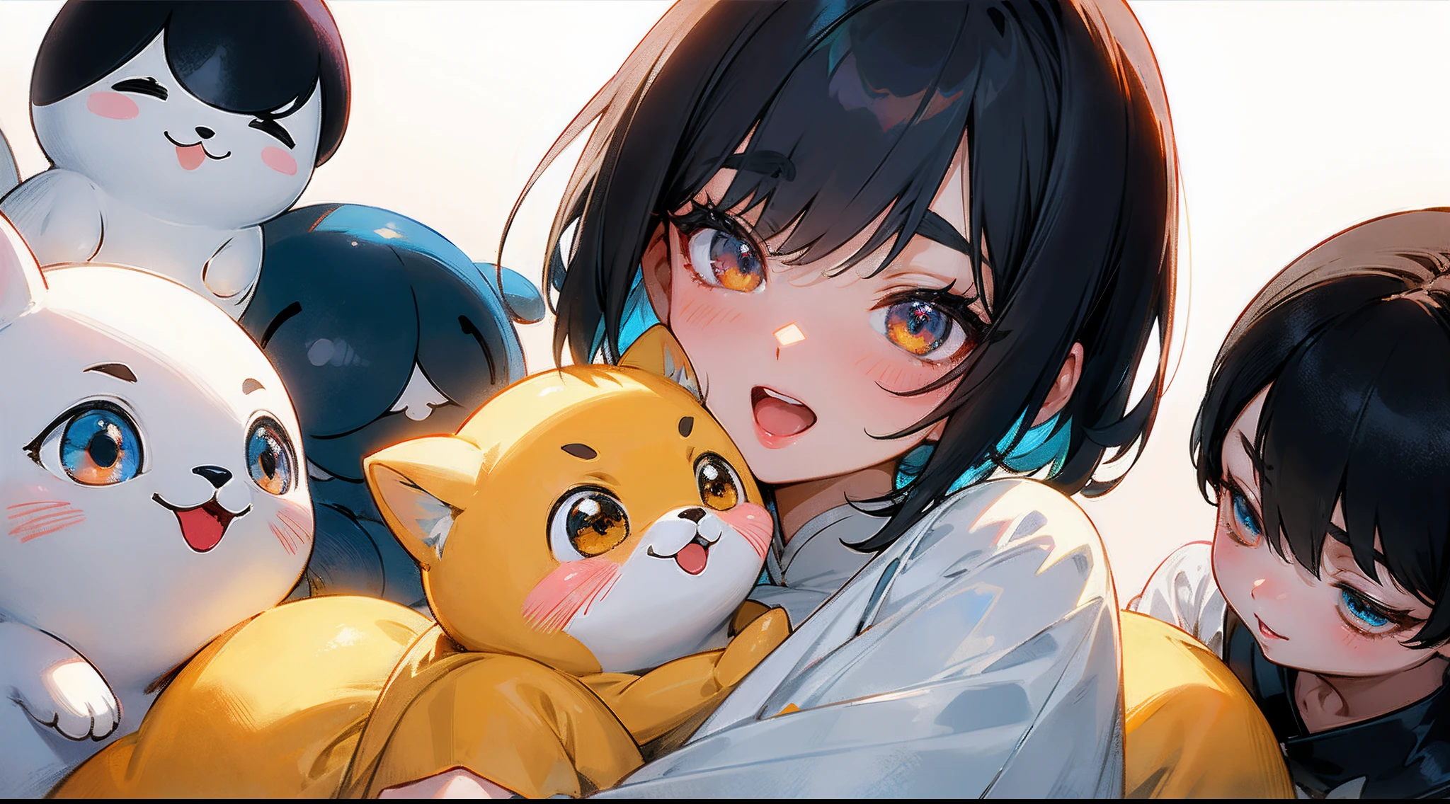 Original Characters、Volume Lighting、Best Shadows、Shallow depth of field、Portrait of an amazingly beautiful girl、Delicate beautiful attractive face with petite and seductive eyes、Surrounded by cute stuffed animals、Laughing with open mouth、Sharp Eyebrows、Black Hair Shortcut Hair、Blush Eyeshadow、Shining eyes、Dark eyelashes、Slim waist、(top-quality、Superb Detail:1.25)、(独奏:1.3)、Brilliant Colorful Paintings