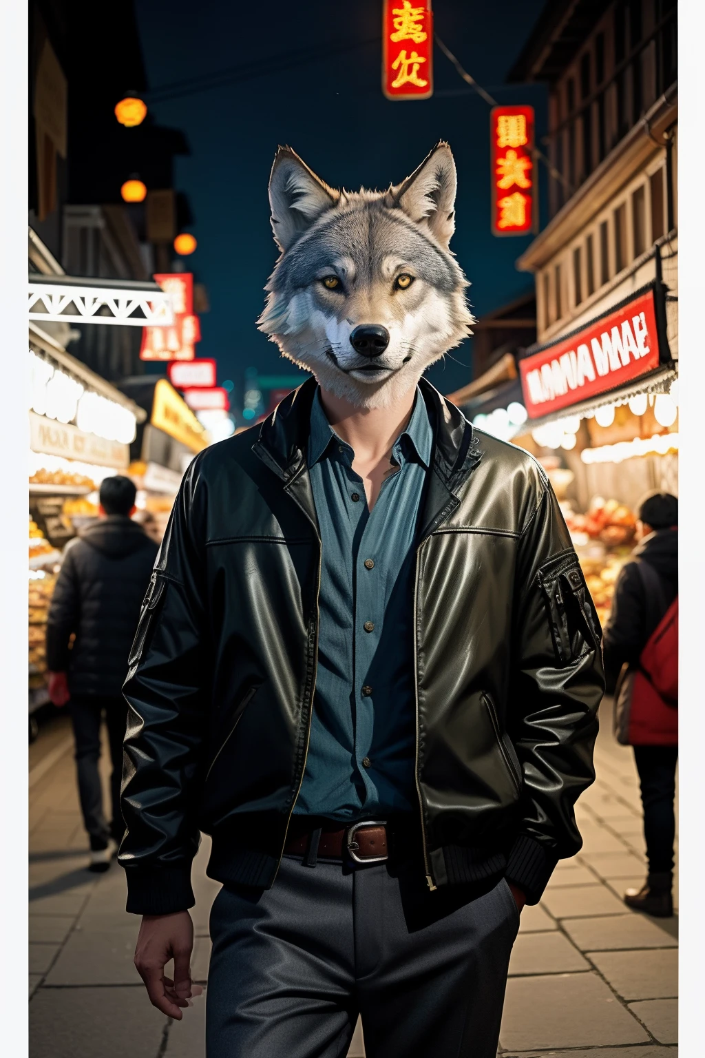 cool guy，Wolf head，Shop at the long outdoor animal market，the night：1.4，Ancient shop theme：1.4，（realism light effect：1.4，RAW photogr，Wear loose bright yellow formal wear，tmasterpiece：1.2，best qualtiy：1.4，Photorealsitic：1.4