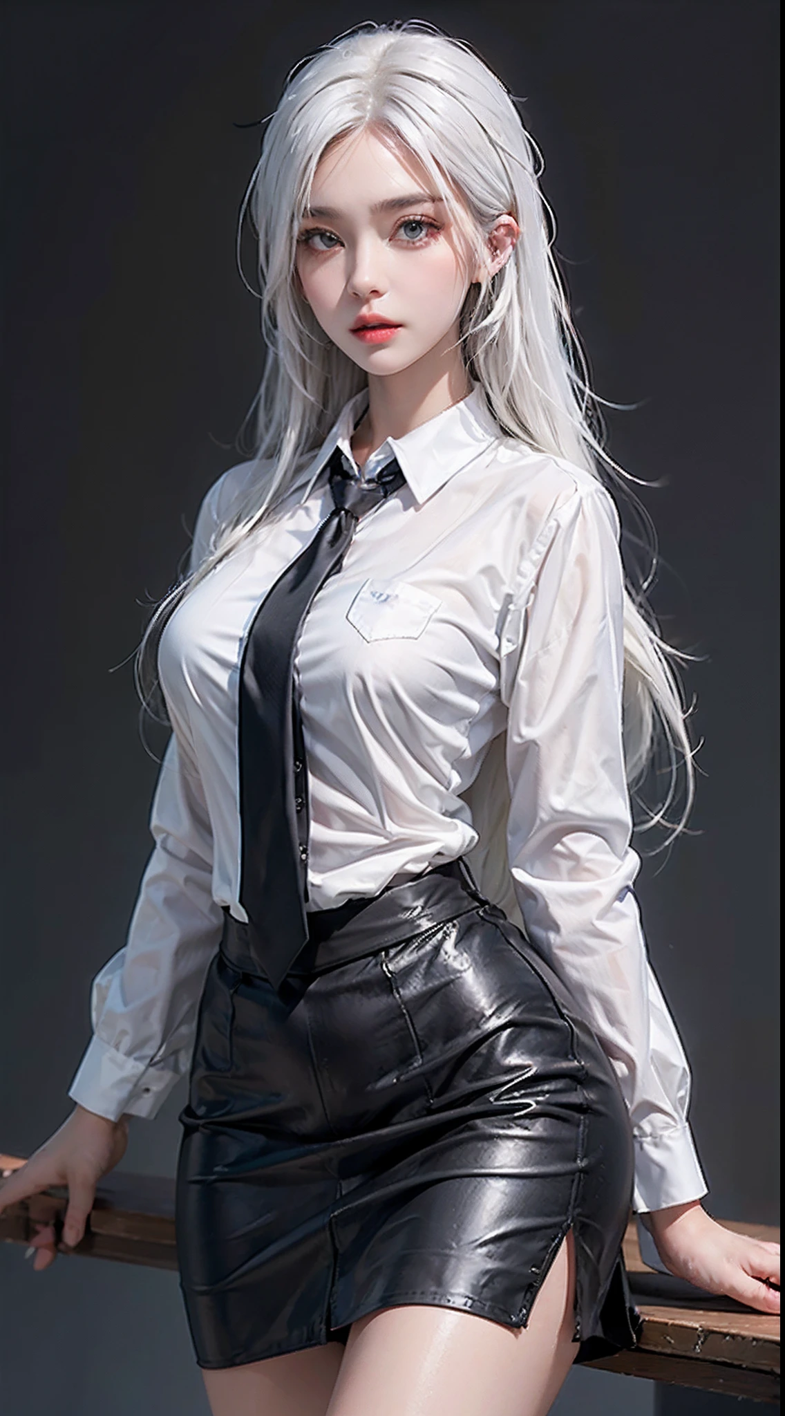 Photorealistic, high resolution, 1 woman, Hips up, Beautiful eyes, White hair, Long hair, ringed eyes, Collared shirt, black necktie,Black skirt, pencil skirts