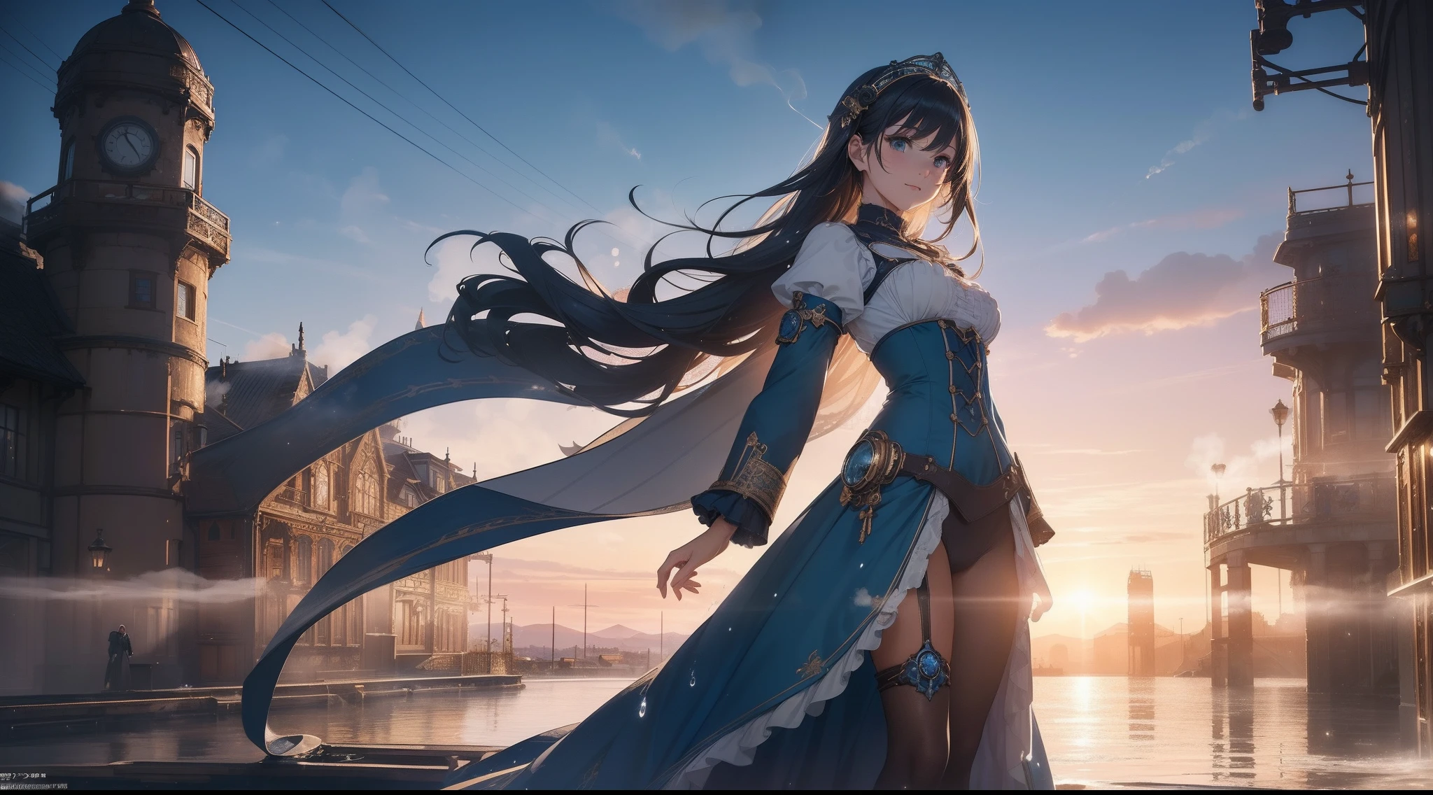 ​masterpiece, 8K，超A high resolution, Top resolution, Accurate rendering, Beautiful and smooth depiction, Overhead view,　At dusk，Very cute woman in anime style, Autumn makeup, Eyes drawn in great detail, Drew thin fingers accurately，Wearing a high-level dress in Victorian steampunk style, Costume with built-in water cooling mechanism, Blue straight hair, ((Intricately designed piping and gear, Sky blue coat adorned with countless gears and chronometers, Full body, Abundant steam, )), zoomout, ((Eventide)), Galaxy Images, Perspective, ((Faint smile)), Emitting countless nixie lights, (((A retro Victorian-style industrial city surrounded by rugged valleys, Bright city decorated with nixie lights, Steam overflow, Spatial expanse, Sunlight is covered with steam))), (((radiant light, Splash expression))), ink drops, splashart，