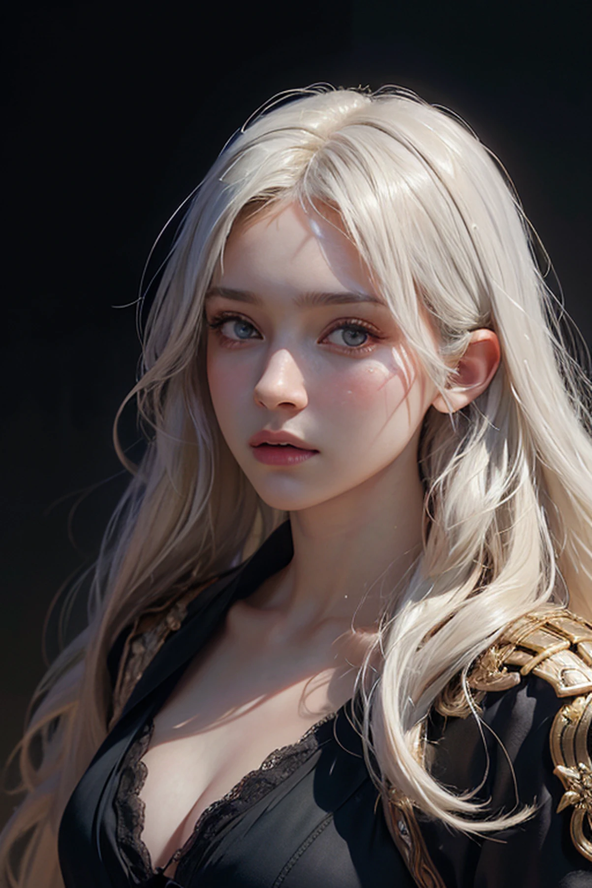 Hyperrealist portrait of female by david hockney and alphonse mucha,fantasy art, photo realistic, dynamic lighting, artstation, poster, volumetric lighting, very detailed faces, 4 k, award winning,, 1girl, in the dark, deep shadow, low key,cowboy shot,(official clothing:1.4) ,long hair,white hair,