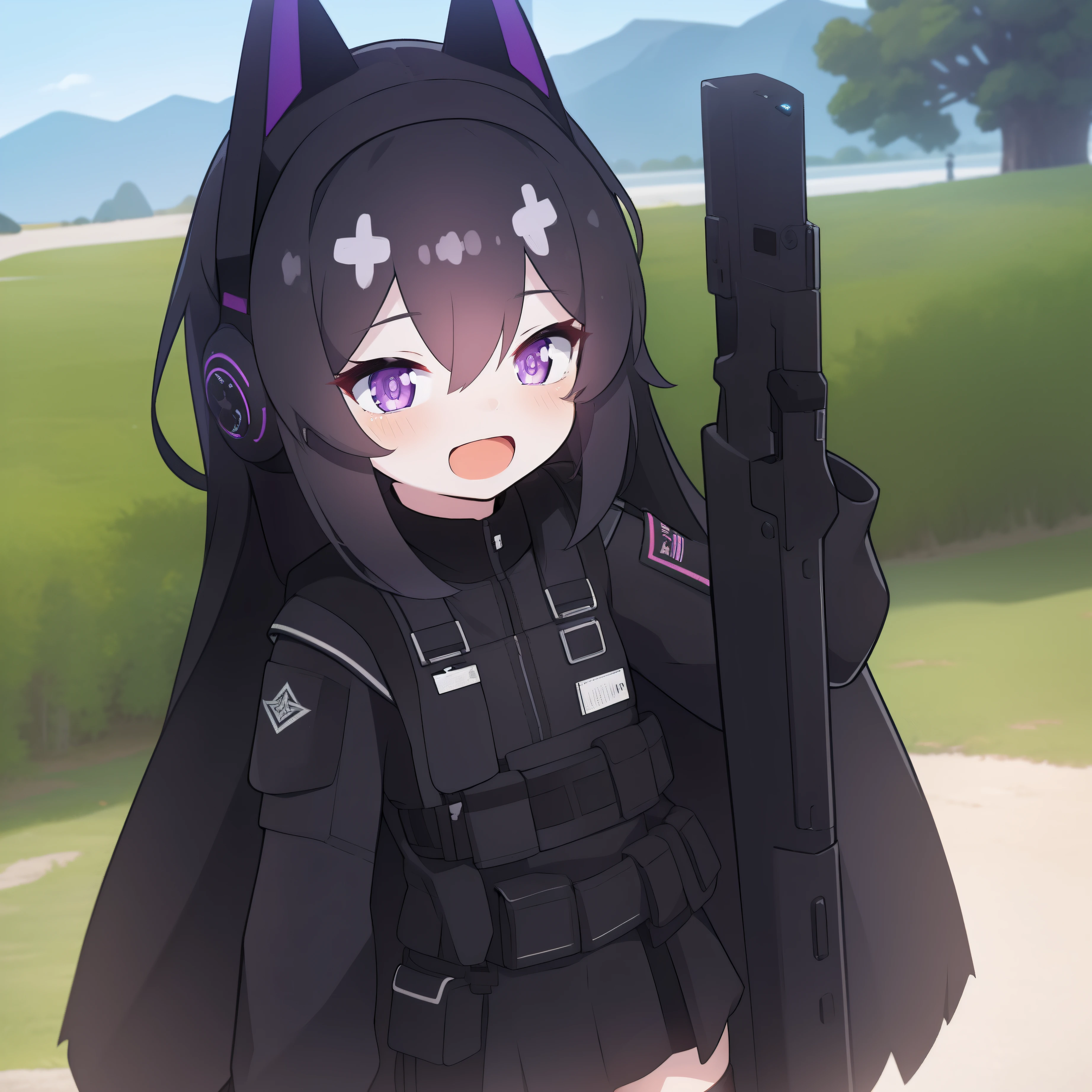1girl, black headset, black tactical headset, black long messy hair, black camo uniform, black shoulder pads, black tactical vest, black armor pads, black handgun holster, black tactical socks, black short skirt, black stockings, black gloves, curious, dont know, sunny forest, camping base, small smile, purple eyes, small cape, chibi, kawaii, shoulder bag, open smile, open mouth, purple