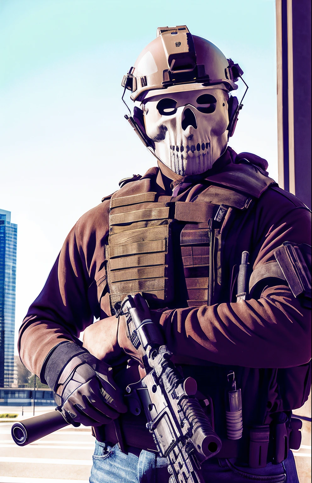 masterpiece, ultra high res, 1man, mid-age man, holding assault rifle,detail face, outdoors, city,   (((MWghost))), ((naked, bare arms)), vaporwave style, purple style