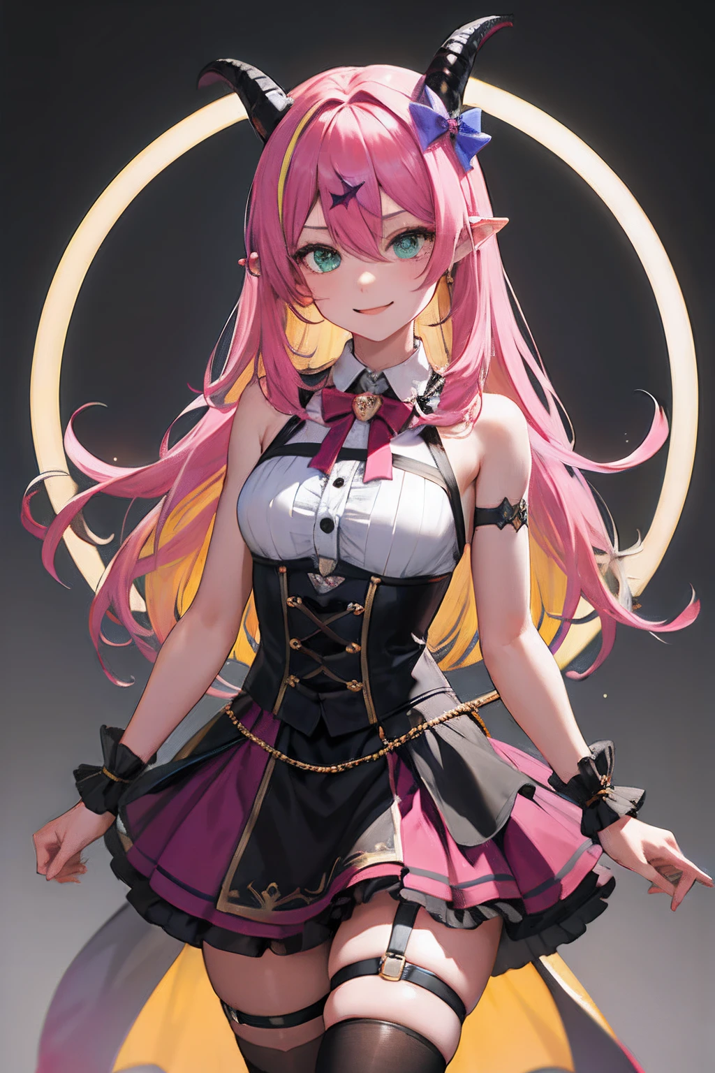 masterpiece, best quality, highres, aloe1, 1girl, solo, pointy ears, multicolored hair, asymmetrical horns, demon horns, hair ornament, blonde hair, chest harness, thighhighs, long hair, asymmetrical legwear, pink hair, sleeveless, bare shoulders, demon tail, thigh strap, wrist cuffs, green eyes, arm strap, skirt, horn bow, mismatched legwear, sleeveless horn ornament, bangs, headphones around neck, uneven legwear, hair between eyes,  cowboy shot, smile,