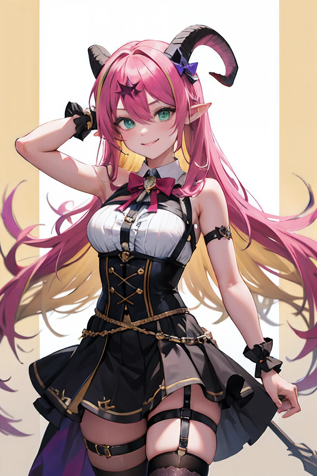 masterpiece, best quality, highres, aloe1, 1girl, solo, pointy ears, multicolored hair, asymmetrical horns, demon horns, hair ornament, blonde hair, chest harness, thighhighs, long hair, asymmetrical legwear, pink hair, sleeveless, bare shoulders, demon tail, thigh strap, wrist cuffs, green eyes, arm strap, skirt, horn bow, mismatched legwear, sleeveless horn ornament, bangs, headphones around neck, uneven legwear, hair between eyes,  cowboy shot, smile,