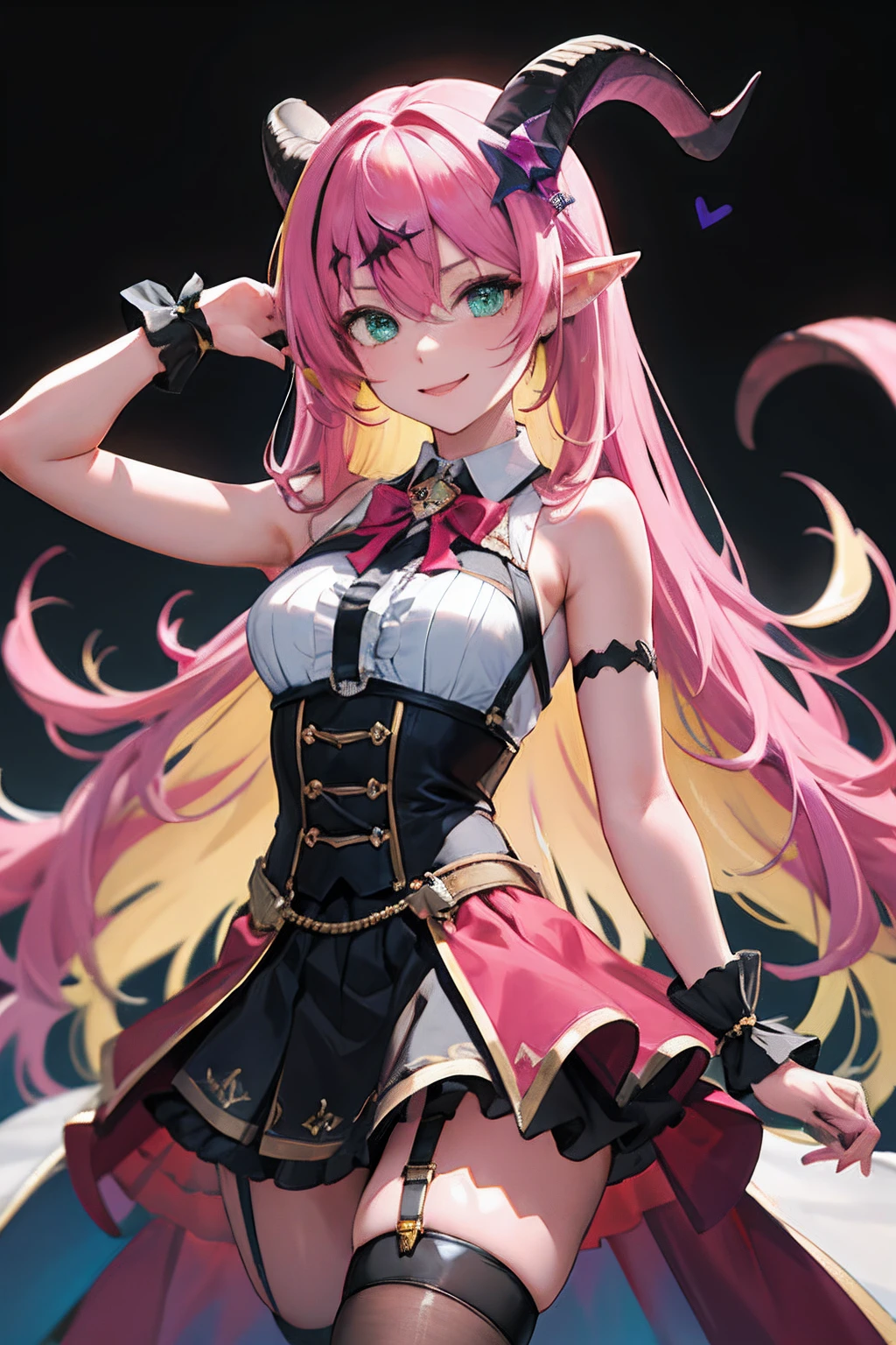 masterpiece, best quality, highres, aloe1, 1girl, solo, pointy ears, multicolored hair, asymmetrical horns, demon horns, hair ornament, blonde hair, chest harness, thighhighs, long hair, asymmetrical legwear, pink hair, sleeveless, bare shoulders, demon tail, thigh strap, wrist cuffs, green eyes, arm strap, skirt, horn bow, mismatched legwear, sleeveless horn ornament, bangs, headphones around neck, uneven legwear, hair between eyes,  cowboy shot, smile,