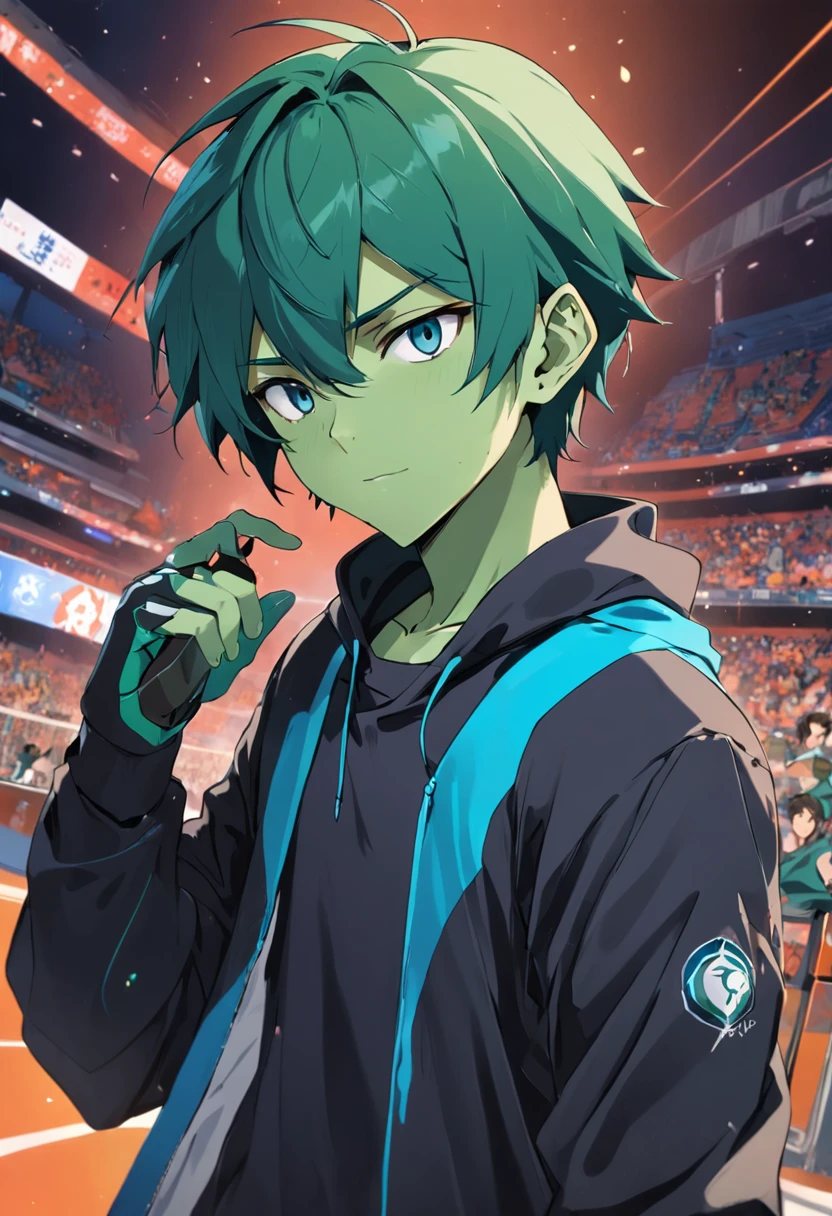 homen negro como cabelo crespo e olhos escuros, com o rosto meio de lado usando fone de ouvido, com roupa de jogador de equpe de esports, e duas luzes predominante um verde e um azul
