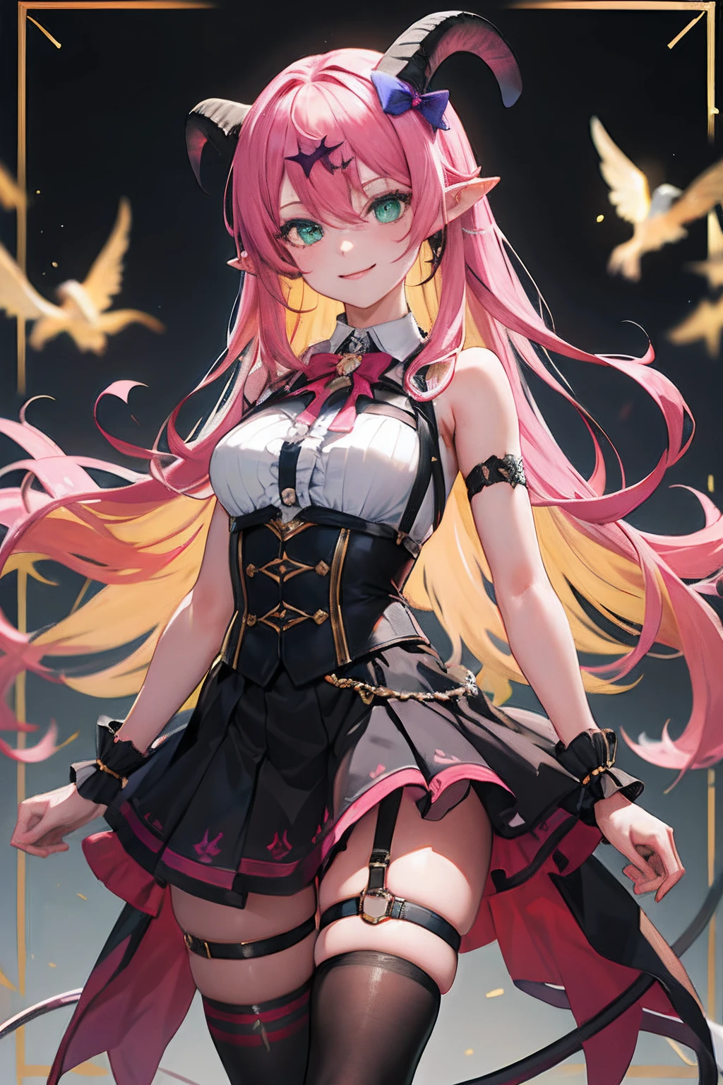 masterpiece, best quality, highres, aloe1, 1girl, solo, pointy ears, multicolored hair, asymmetrical horns, demon horns, hair ornament, blonde hair, chest harness, thighhighs, long hair, asymmetrical legwear, pink hair, sleeveless, bare shoulders, demon tail, thigh strap, wrist cuffs, green eyes, arm strap, skirt, horn bow, mismatched legwear, sleeveless horn ornament, bangs, headphones around neck, uneven legwear, hair between eyes,  cowboy shot, smile,