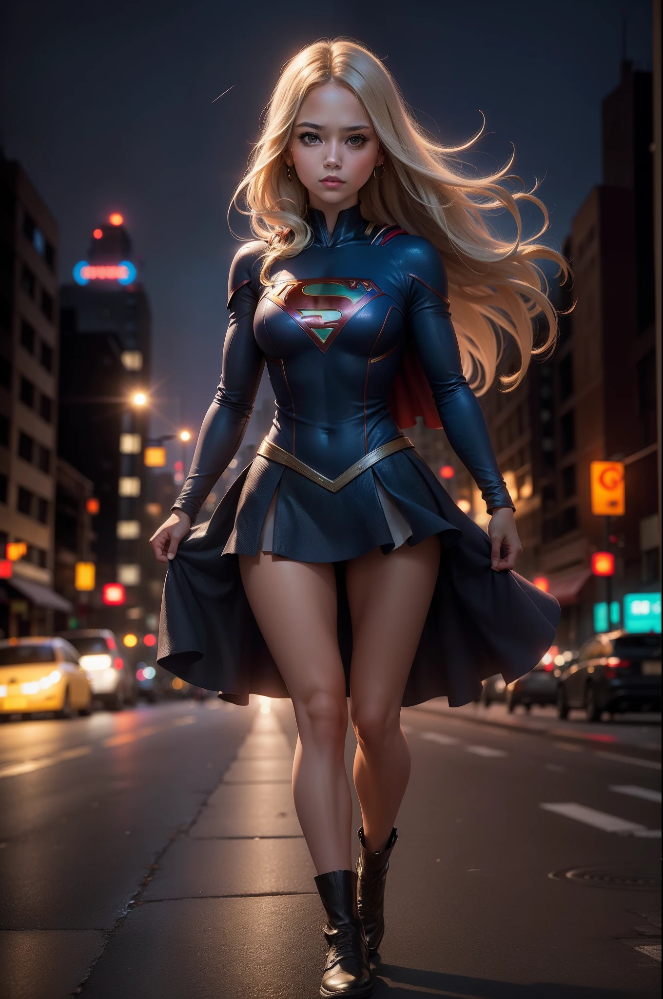 centered, full body shot, masterpiece, | Supergirl, standing, looking at viewer, | city, urban, street, city lights, | night, bokeh, depth of field,