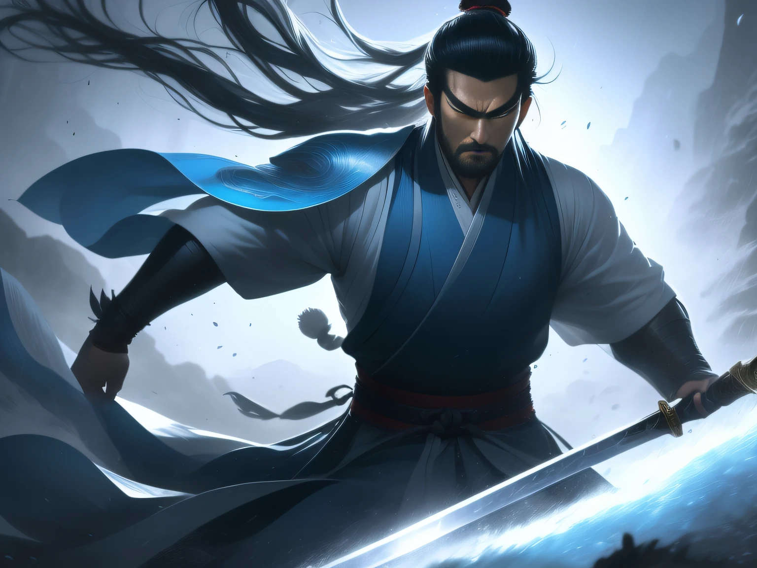 an extreme closeup shot：In the valley，Image of a man holding a sword, His eyes were cold，three kingdom， Combat posture, Guviz-style artwork, G Liulian art style, xianxia hero，inspired by Wu Daozi,16k