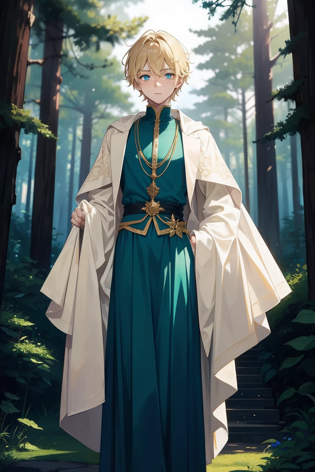 Character standing drawing,-yeld boight-blonde hair,cyan pupils,ornate gown,forest backgrou,Complicated details