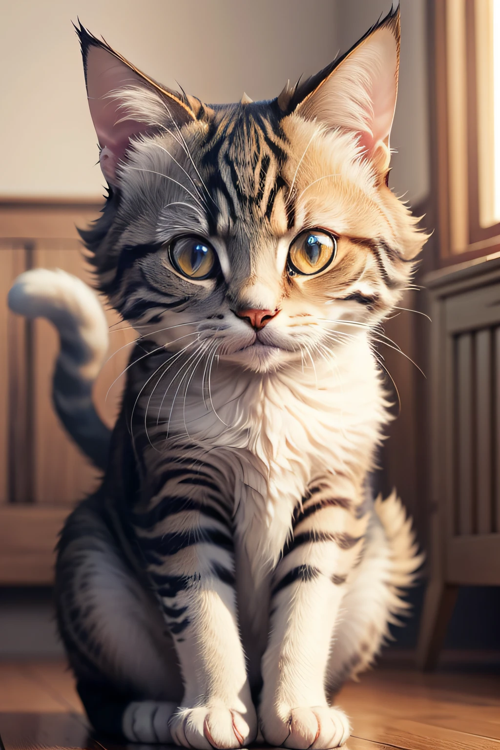 (best quality: 1.2), (masterpiece: 1.2), (realistic: 1.2), close-up photo, very cute chubby cat playing, soft volumetric lights, (backlight:1.3), (cinematic:1.2), intricate details, masterpiece, cute, black fur, indoors, short paws
