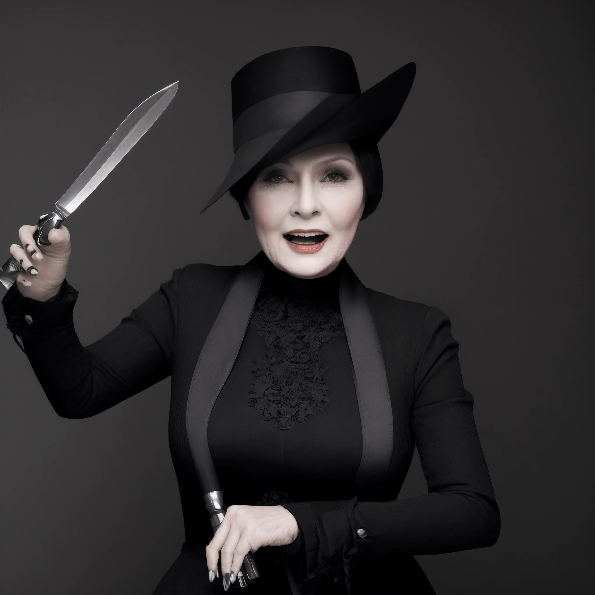 There is a woman holding two knives in her hands, Holding a knife, Menacing!!!, Holding a kitchen knife, Menacing!, Holding a magic kitchen knife, holding knife, Beautuful Women, Wielding a knife, Old Lady, Wielding a knife, Menacing, Vanity fair, Ludwik Konarszewski Beauty Weatherwax, Beautuful Women, Inspired by Ruth Deckard