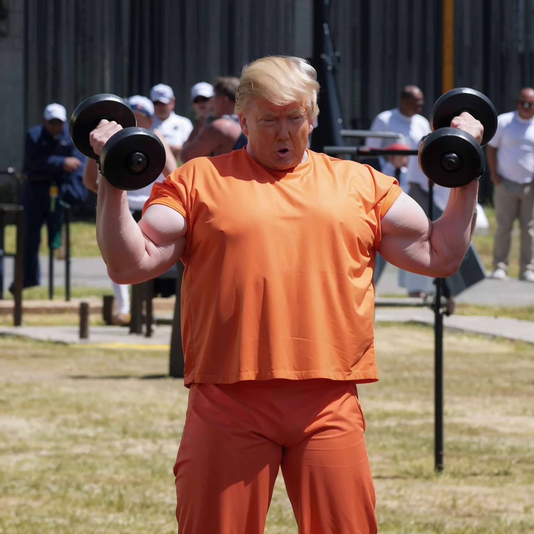 overweight Donald Trump in orange shirt lifting two dumbbles in front of a crowd, obese donald trump in prison, donald trump in jail and very fat, wearing orange prison jumpsuit with big belly, dressed in orange inmate attire, fat and wearing prison jumpsuit, donald trump as a fat pig