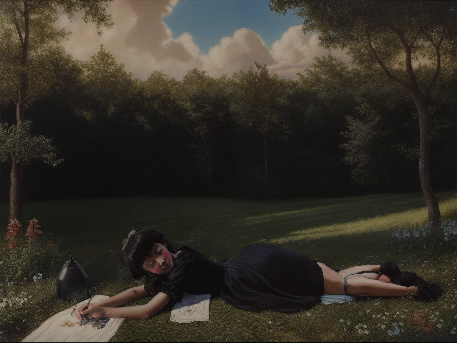 lostgirls, a painting of the back of a girl in a black dress laying in a garden filled with greenery, really light blue sky with clouds