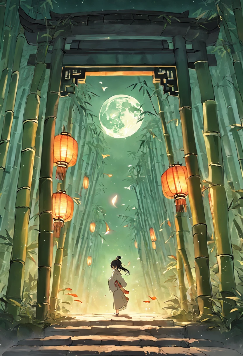 Bamboo lanterns,(Kongming Lantern),Bamboo lanterns,the night,themoon,game scenes,Ancient Chinese palaces are located above the clouds,surrounded by cloud,Homem-Imponente,glazed tiles,BUDDHA STATUE,gorgeous color,In the foreground are three arches((Color ink)),( (Splash ink ) ), ((Splash ink) ink})), tmasterpiece,high qulity,Beautiful graphics,high detal