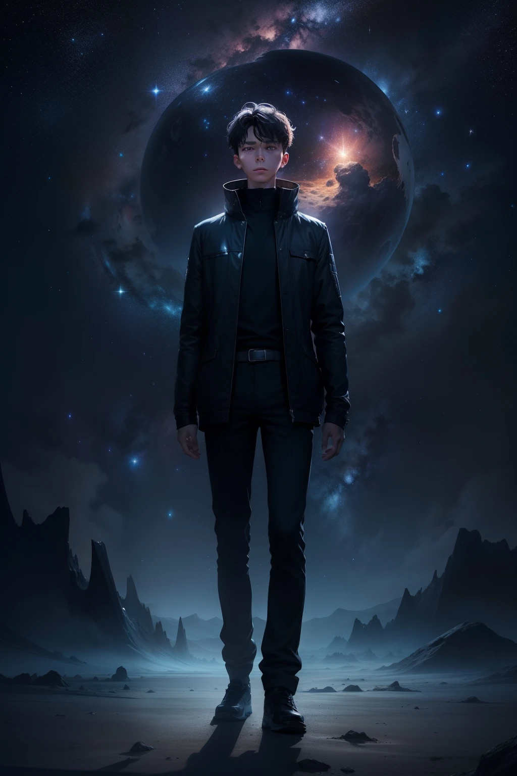 /imagine prompt: A young man standing on a distant planet, facing the endless starry sky, with a thin and weak figure, a hint of confusion and unease in his eyes, a mysterious and unknown atmosphere surrounding the planet, giving a sense of distance and magic, by Manhwa --niji 5