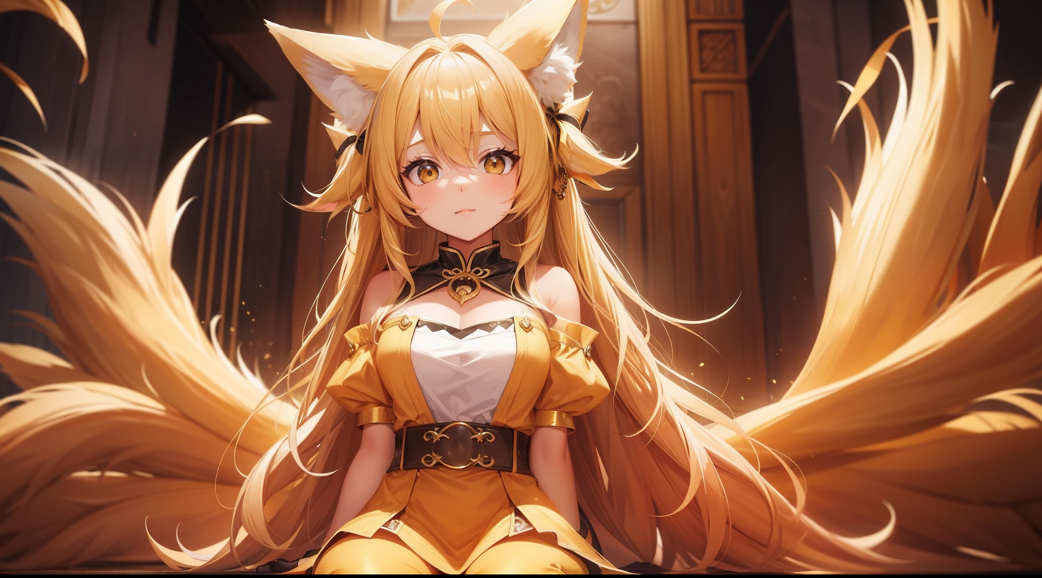 A girl has blonde hair，Open these two big fox ears，Sit on top of 9 large golden fox tails，duck sitting，Looking directly at the screen