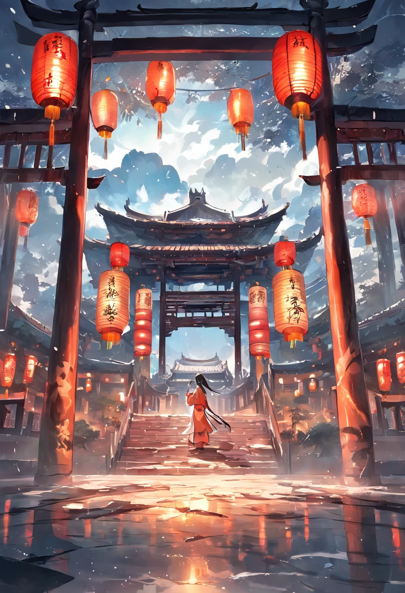 Floating lanterns，Ultra-realistic details of Kong Ming lanterns,(Kongming Lantern),Bamboo lanterns,the night,themoon,game scenes,Ancient Chinese palaces are located above the clouds,surrounded by cloud,Homem-Imponente,glazed tiles,BUDDHA STATUE,gorgeous color,In the foreground are three arches((Color ink)),( (Splash ink ) ), ((Splash ink) ink})), tmasterpiece,high qulity,Beautiful graphics,high detal