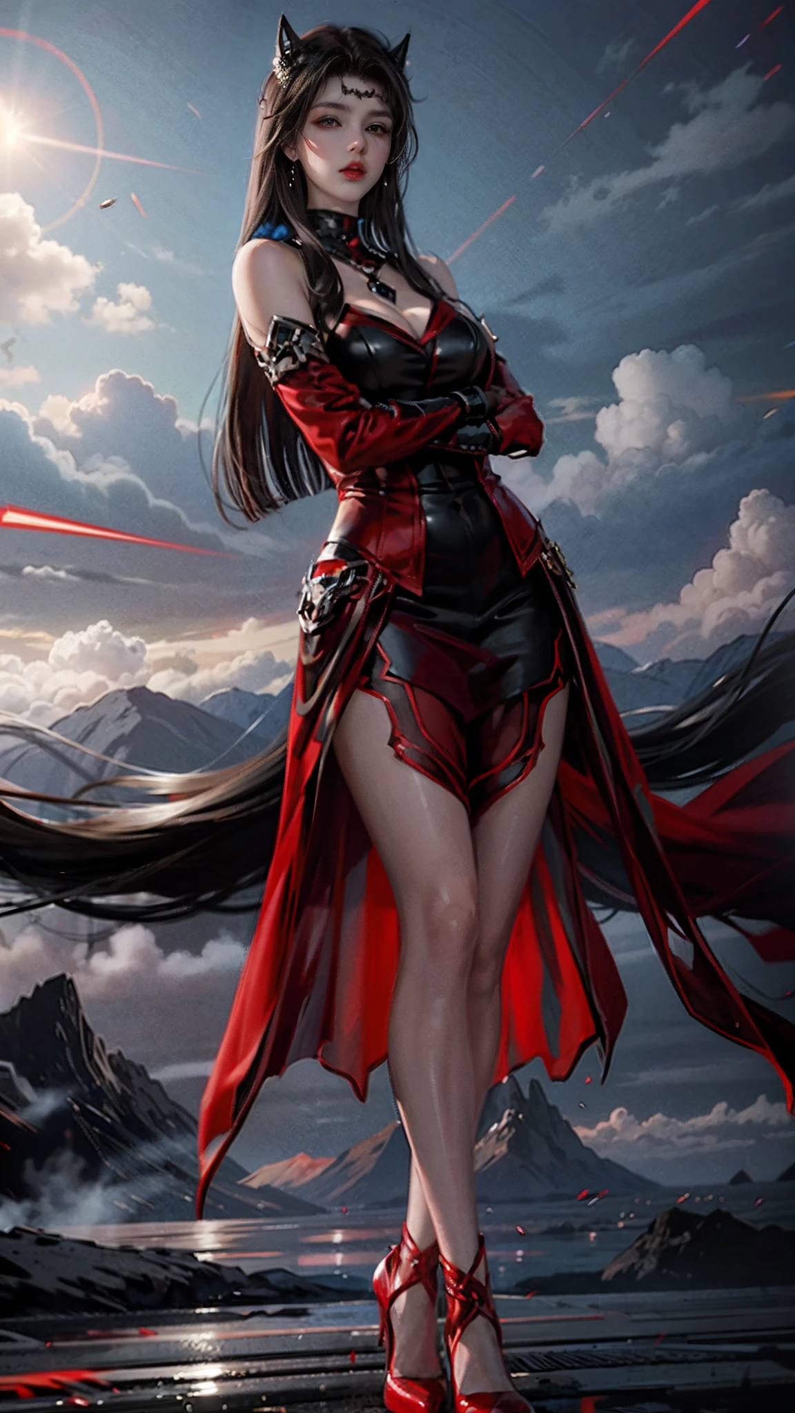 (best quality, 10, Masterpiece :1.3), (realistic, ภาพrealistic: 1.37), (1 girl), (Beautiful women between the ages of 18-20), (thin), (Focus on the slender abdomen.. :1.3), (Korea), (Pastel colored leather dress, Long red leather cloak, Long red leather cloak, Show your arms and shoulders., white leather skirt, short leather skirt, Emphasize her legs., High groove,), (รองเท้าHeel Height), (Random pose), Huge breasts, exposed cleavage, ((dark brown hair, long hair)), exquisite face, Open the show, Fantasy, Slender figure, Very smooth face, Good eyes, Double eyelids, (long hair, Random hairstyles), (big girl :1.3), (outdoor), (Extraordinarily detailed face), (Detailed eyes), (Double eyelids), (Eyeshadow makes eyelashes look thicker.......), obscure, (Long legs, Heel Height), (((Whole body))), (professional lighting), (Photon mapping), (Radiation), Carrying a giant sword, large sword, Big Sword, (Look directly at the audience.....), Meadow scene, mountain, cave mouth, stone, big tree
