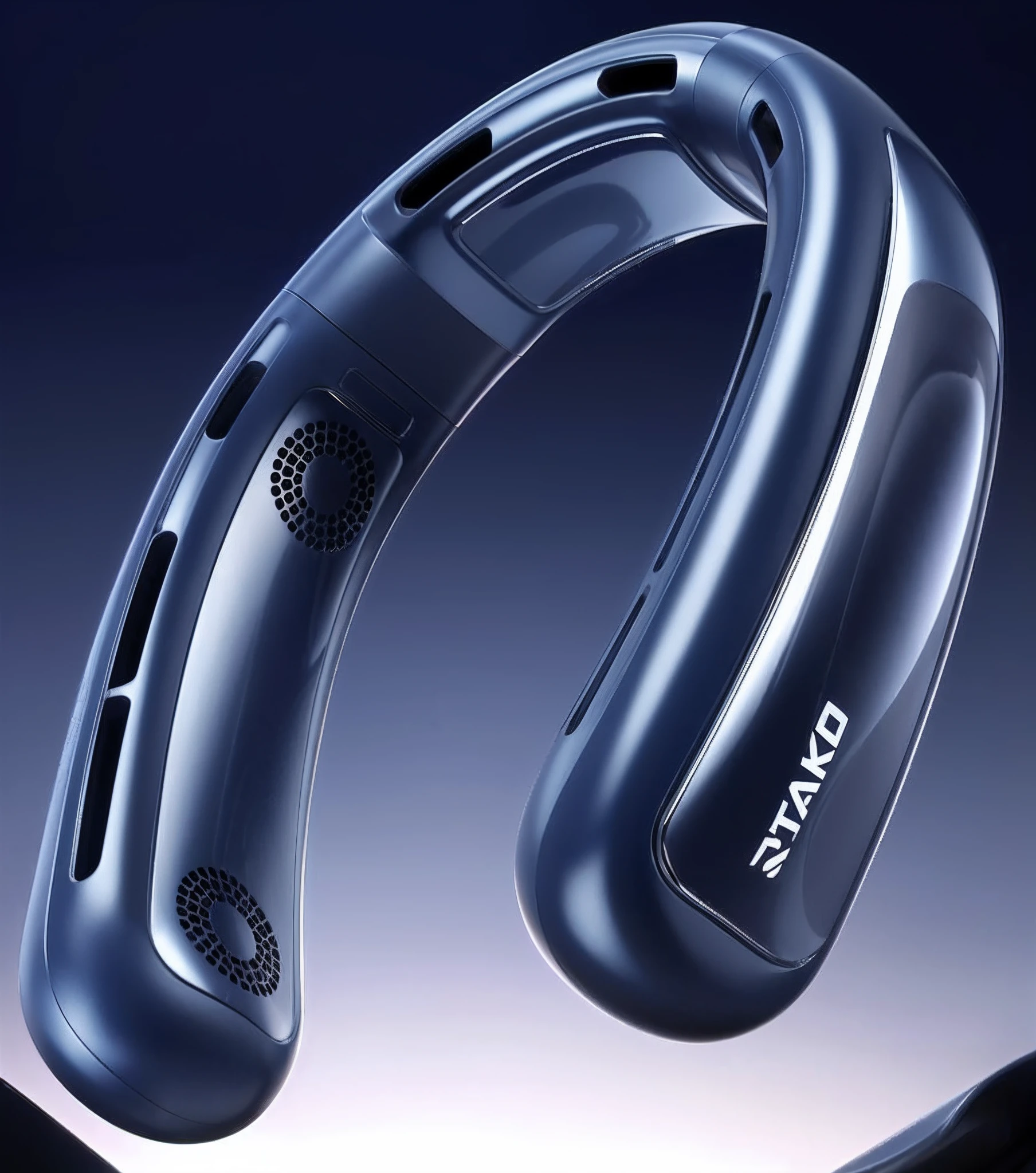 Close-up of a halterneck fan with air inlet holes,Close-up of a halterneck fan with air vents，futuristic product design, floating headsets, Dynamic, inspired by János Kass, inspired by Okada Hanko, Stylized, full - view, headset on head, the sideview, side - view, Inspired by Anato-Finstak, ultra - detailed, Ultra-detailed, product design render，Halter neck fan，Cool，sense of science and technology，Streamlined，Light color scheme，Real materials，Plastic texture，cold shades，Industrial wind