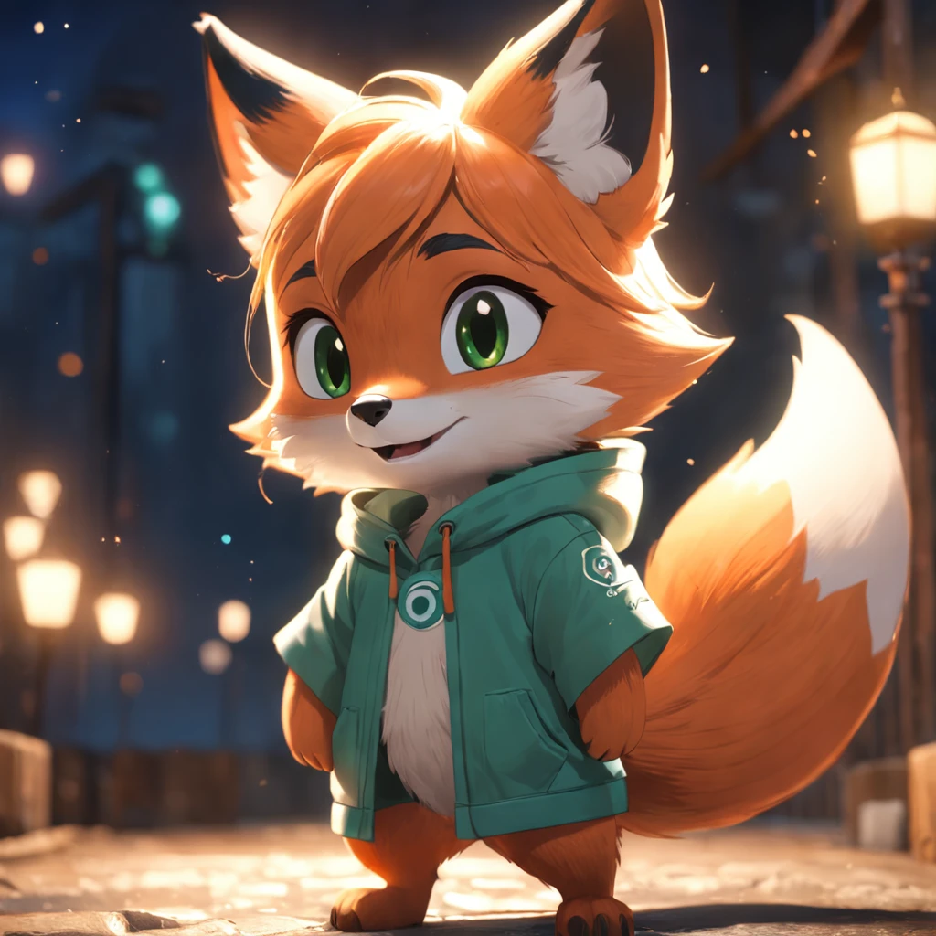 Adorable fox in Pixar movie style, usando um capuz, cinematic lighthing, Depth detection, hiper detalhada, qualidade 8k. depth of fields,perfect lighting,light particles,(best quality),(tmasterpiece),(Ultra - Detailed),sharp focus,light particles,Niji,fox,male,god eyes,green_eye,Looking_in_viewer,smile,so little,furry, bicho_orelha_fluff,open sky_Attire,Crossed waist with one hand,upper body,tail,short-sleeved shirt,eyeglasses,sunbeams,soft smile,from below,holding coffee(Fox, furry, anthropomorphic), Male, Best quality, human-like body figure), looking at viewer with orange hoodie and sunglasses holding cell phone, fox, avatar image, with futuristic outfit, CGSetnation ),like, professional art, CGsociety - W 1 0 2 4 - N 8 - I,The name is Kan, your name is Kan