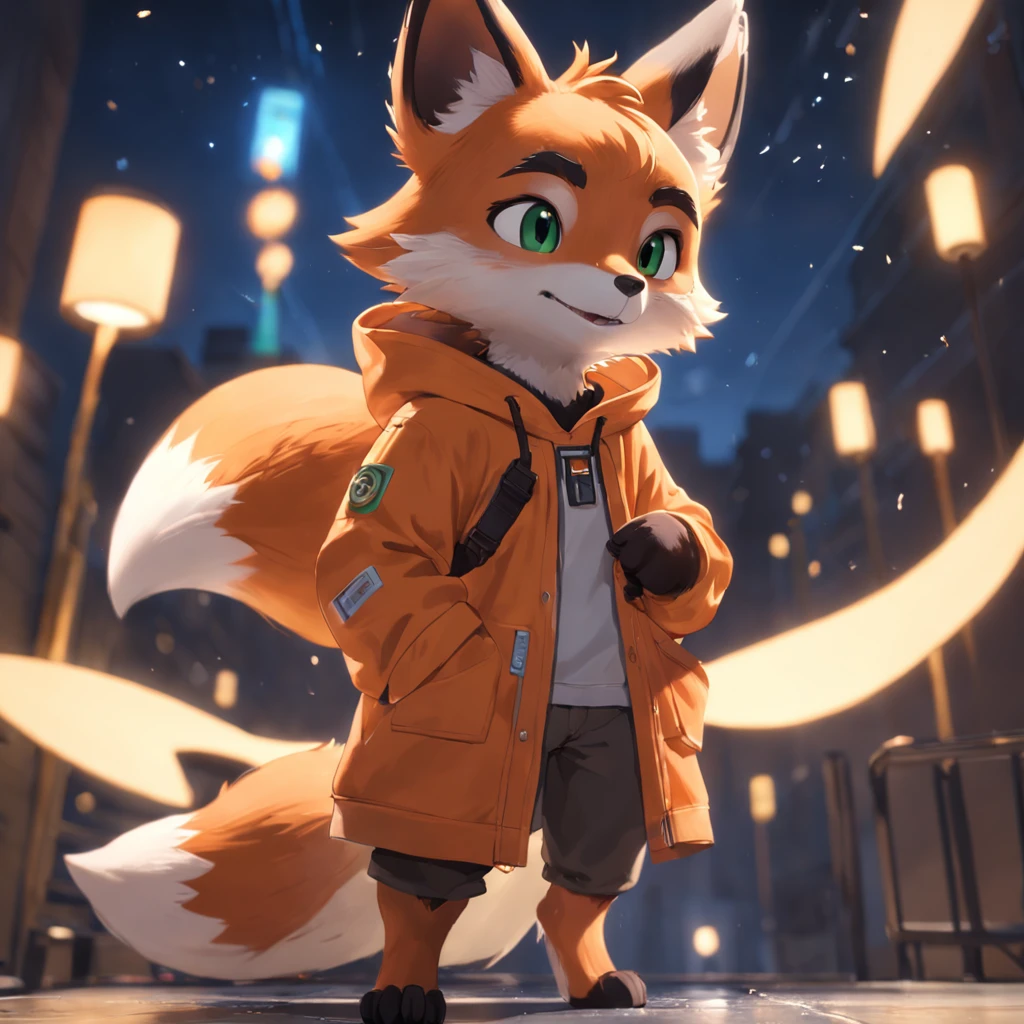 Adorable fox in Pixar movie style, usando um capuz, cinematic lighthing, Depth detection, hiper detalhada, qualidade 8k. depth of fields,perfect lighting,light particles,(best quality),(tmasterpiece),(Ultra - Detailed),sharp focus,light particles,Niji,fox,male,god eyes,green_eye,Looking_in_viewer,smile,so little,furry, bicho_orelha_fluff,open sky_Attire,Crossed waist with one hand,upper body,tail,short-sleeved shirt,eyeglasses,sunbeams,soft smile,from below,holding coffee(Fox, furry, anthropomorphic), Male, Best quality, human-like body figure), looking at viewer with orange hoodie and sunglasses holding cell phone, fox, avatar image, with futuristic outfit, CGSetnation ),like, professional art, CGsociety - W 1 0 2 4 - N 8 - I,The name is Kan, your name is Kan