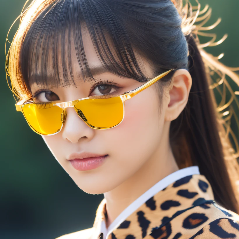 snow leopard(巨作, Best quality:1.5), Beautiful snow leopard, 8K, 50mm portrait, RAW photogr, absurderes, Delicate snow leopard, (close-up face, Dancing:1.3), violaceaess, gardeniass, Upper body, front footage, twin-tail hair, snow leopard, cheer leader, yellow cheerleader uniform, Miniature snow leopard, ribbon hair bow, view the viewer, (Smile:0.6), Shiny skin, Beautiful leopard print with thin arms, a very thin waist, facelight, clear lighting, filmgrain, color difference, Stadium, (Bokeh:1.1), (Simple background:1.2)snow leopard,Protective goggles,Gold-tone sunglasses,Jewelry diamond frame yellow gold sunglasses,Snow leopard wearing jewelry diamond frame gold sunglasses