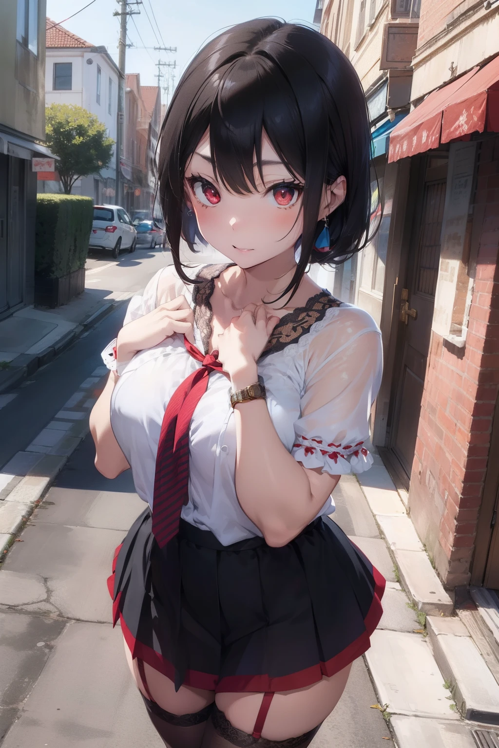 Alice Nagiri、embarassed expression、Colossal tits、Ribbon Ties red lace brassiere Blue sheer blouse with open chest Tight skirt with black and white stripes、Downtown、White fishnet stockings、A slender、A dark-haired、Golden earrings、wrist watch、Looking at the camera、Red eyes、arms in arms、eye glass