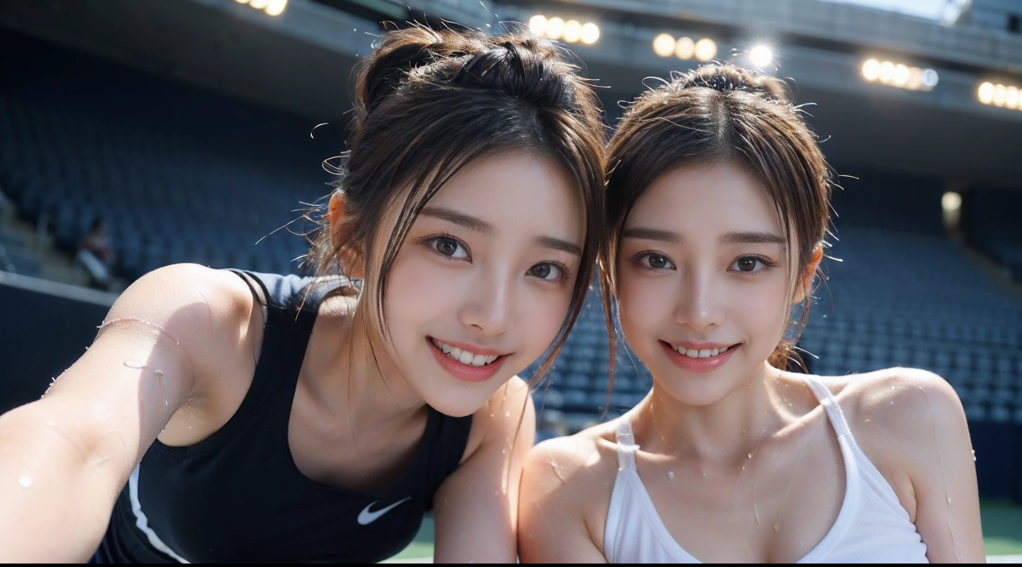 Two girls standing in a schoolyard with cherry blossoms in full bloom,White school swimsuit,18-year-old,bangs,A small smile,Thighs,knees,Low ponytail with barrette,From below,Front light,10 years old
