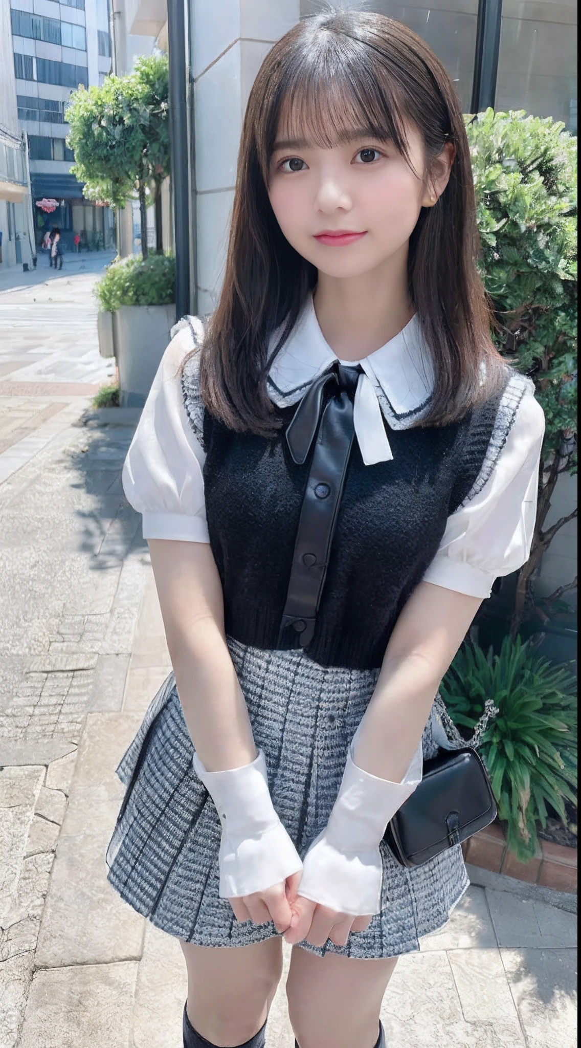 mix4, (16 K, Raw photography, Top image quality, masterpiece: 1.45), (realisitic, Photorealsitic: 1.37), one girls, 7.5, etc,cute little, A city scape,, profetional lighting, photon maping, Radio City, physically-based renderingt, Gradient black hair,, a handsome, girl with, (((student clothes、Silk white blouse with short sleeves、Dark blue knitted vest、White Silk Mini Skirt、No red tie pattern、Black High Socks、Black Loafers Leather Shoes))), Top Quality Photos, hight resolution, 1080p, (clearface), (Detailed face description), (Detailed hand description), (masterpiece), (Exquisite CG)、extreme light and shadows、dishevled hair、master work、abundant detail、(Fine facial features)、(top quality photo)、(masuter piece)、(A detailed eye)、Look in front of you、Fine clavicle、((Slender big))、((White beret)))、((Cute idol system))、((Schoolyard in the rain))、(Shooting from random perspectives)、(((Anyway cute)))、耳Nipple Ring、A big smile、Drawing the whole body from the knees、Do not draw nasolabial folds、(((Holding a leather student bag in your hand)))、Big breasts that hang down big、Two legs、(((Standing Pose:1.2)))、bare hand、Hands out of the sleeves of blouses、Stand with an umbrella、