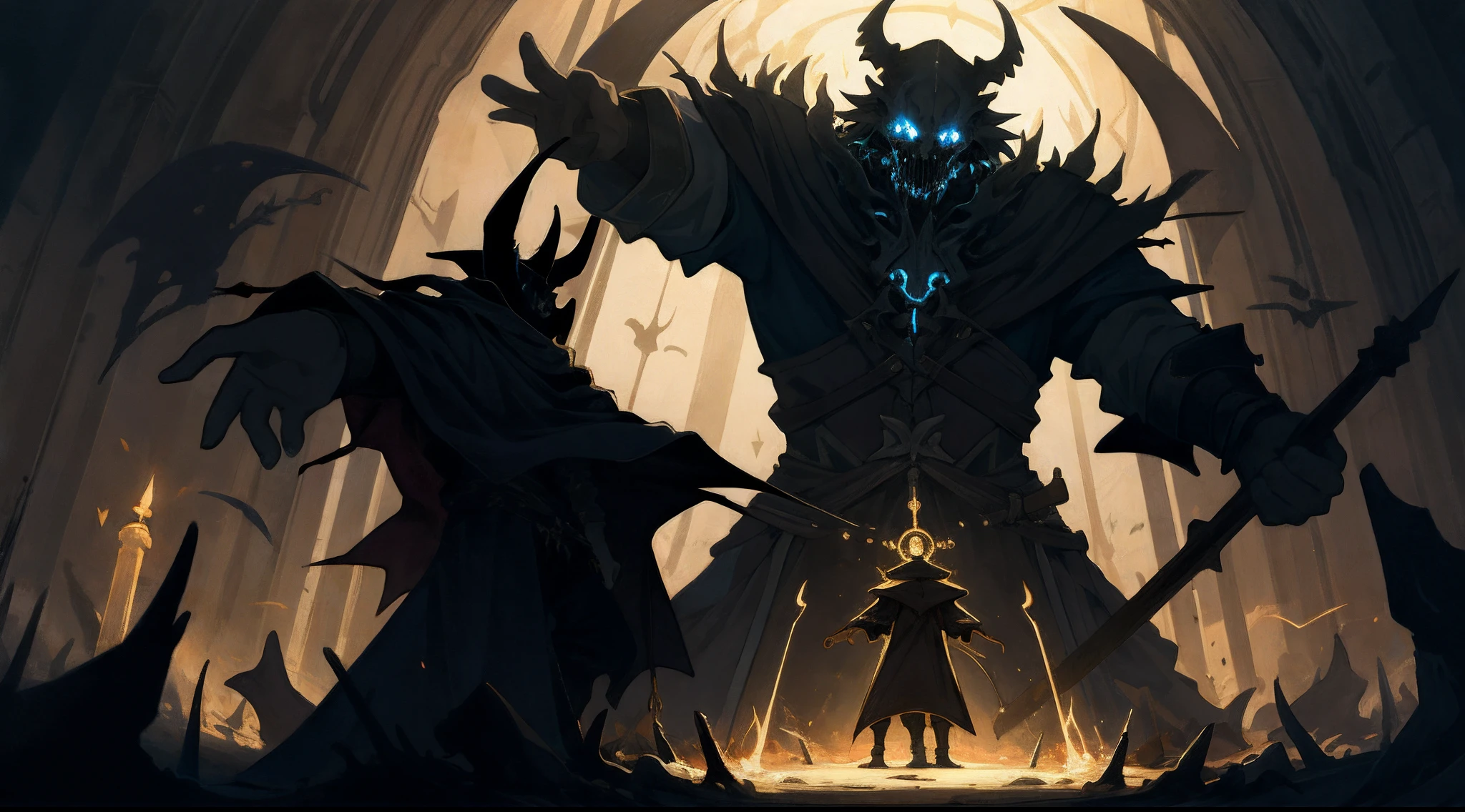highres, top quality, best quality, paid reward available, High-quality illustrations by Vermeer, unparalleled masterpiece, perfect artwork, absurdres, perfect anatomy, standing in room, summoning an eldritch god,, summoning undead friends, spellcasting pose, album art, mmorpgs scene, dynamic lighting, deep shadow, cinematic angle,