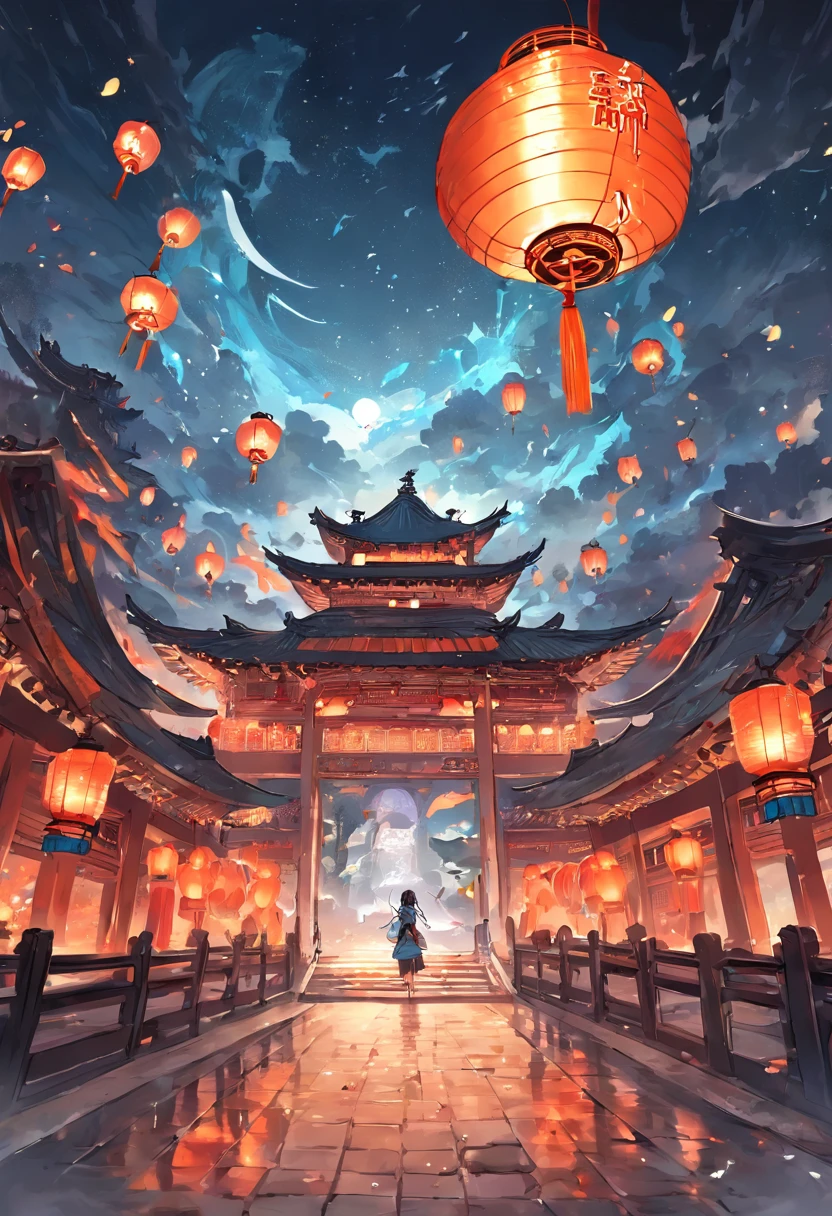 Floating lanterns,(Kongming Lantern),the night,themoon,game scenes,Ancient Chinese palaces are located above the clouds,surrounded by cloud,Homem-Imponente,glazed tiles,BUDDHA STATUE,gorgeous color,In the foreground are three arches((Color ink)),( (Splash ink ) ), ((Splash ink) ink})), tmasterpiece,high qulity,Beautiful graphics,high detal