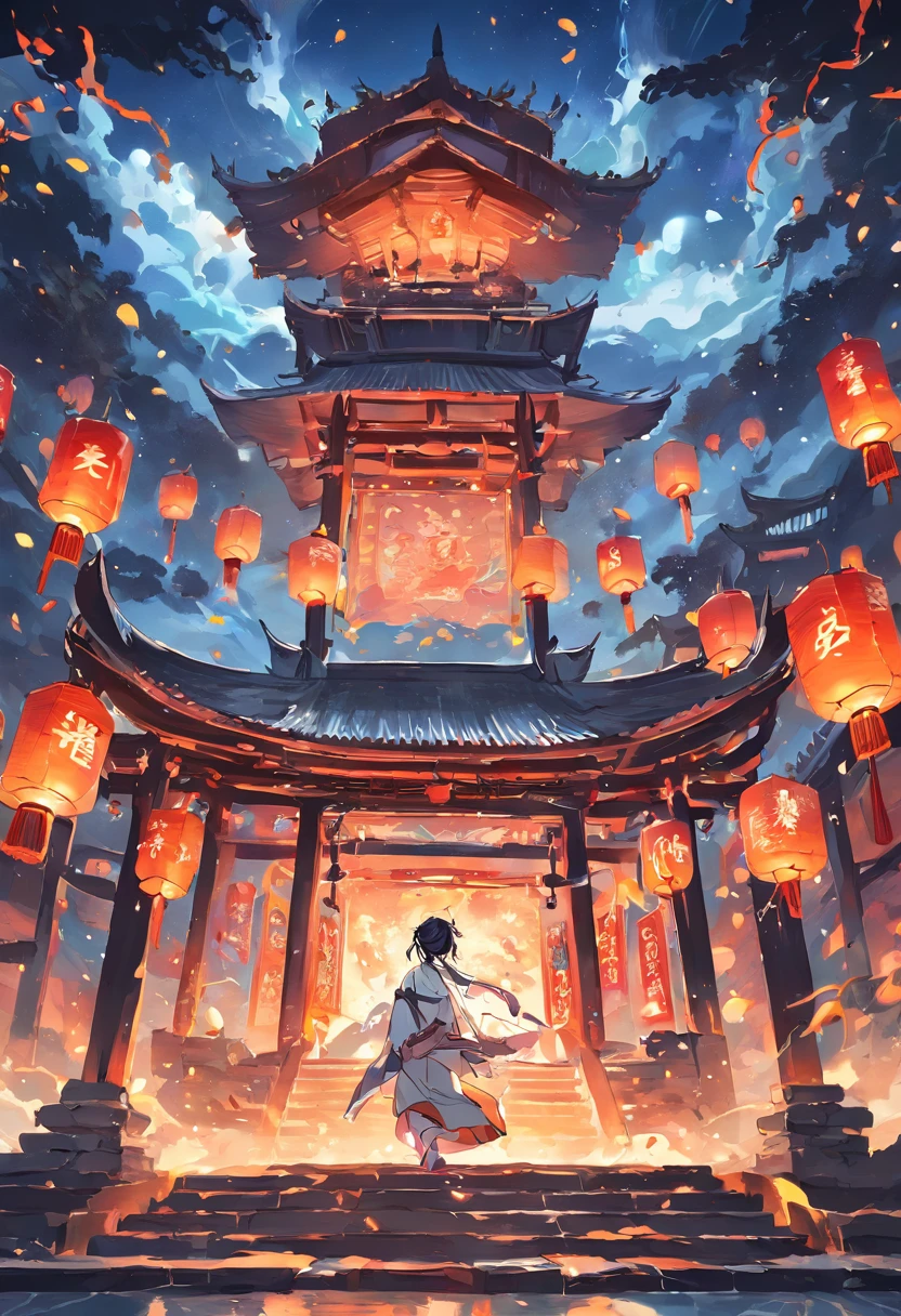 Floating lanterns,(Kongming Lantern),the night,themoon,game scenes,Ancient Chinese palaces are located above the clouds,surrounded by cloud,Homem-Imponente,glazed tiles,BUDDHA STATUE,gorgeous color,In the foreground are three arches((Color ink)),( (Splash ink ) ), ((Splash ink) ink})), tmasterpiece,high qulity,Beautiful graphics,high detal