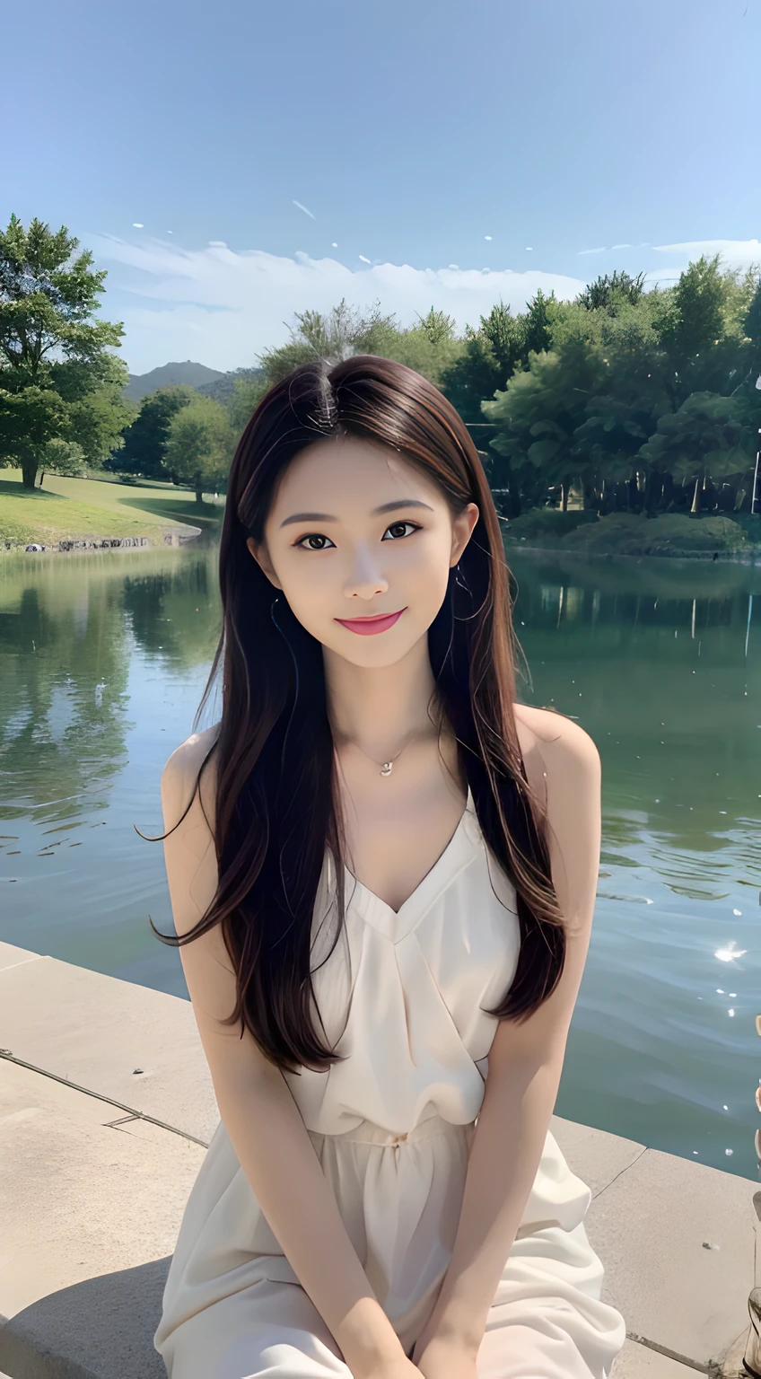 ，Masterpiece, Best quality，8K, 超高分辨率，(beautidful eyes:1.5)， ((Medium view，The upper part of the body:1.5))，Sunset，The gentle goddess sits on a green meadow，Smile at the lake。Her hand brushed the surface of the water，The ripples followed。She spoke her mind，The lake seems to listen silently，And respond to her emotions with a breeze and warm touch。