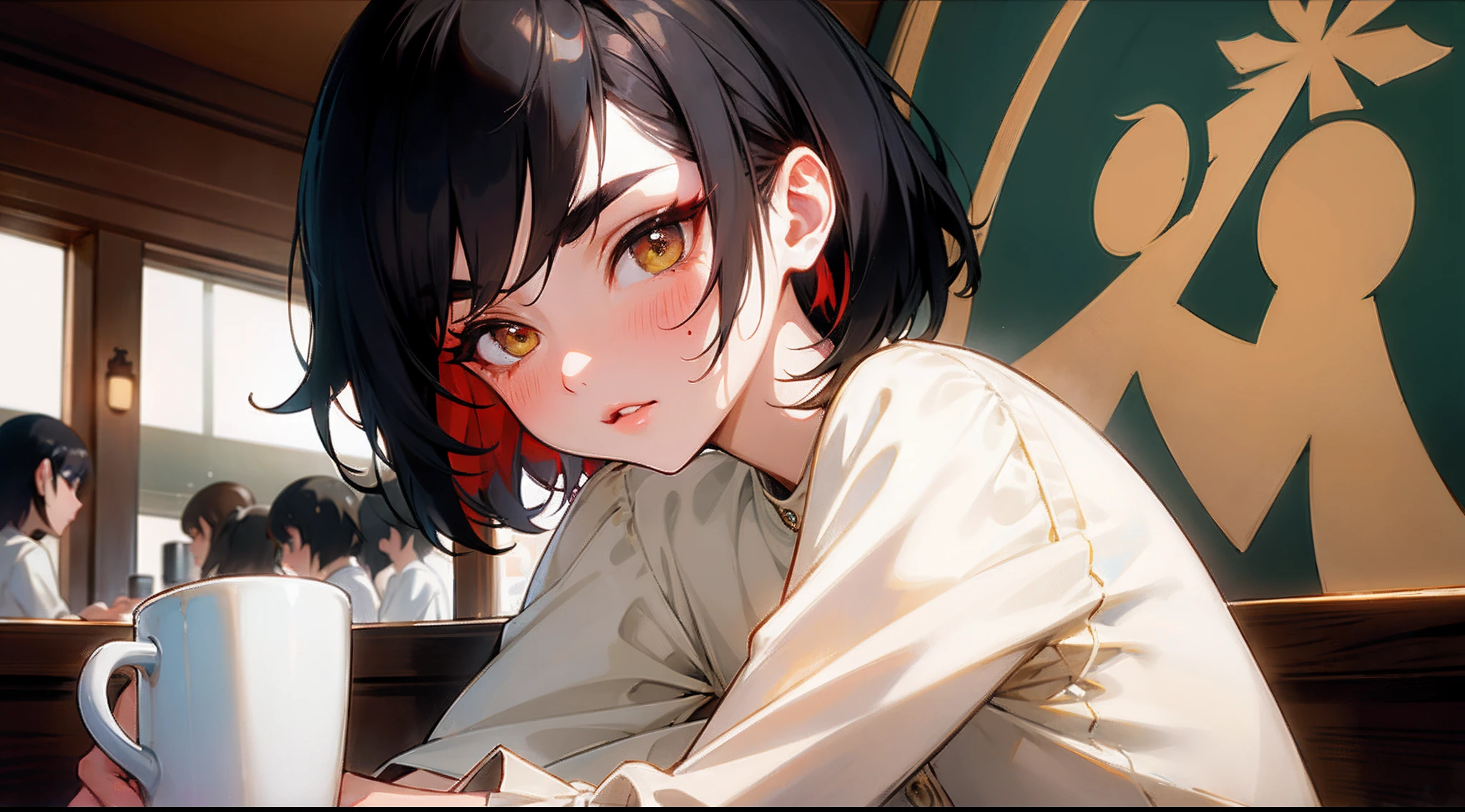 Woman drinking coffee in Starbucks store、cafes、Original Characters、Volume Lighting、Best Shadows、Shallow depth of field、Portrait of an amazingly beautiful girl、Delicate beautiful attractive face with petite and seductive eyes、Sharp Eyebrows、Black Hair Shortcut Hair、Blush Eyeshadow、Shining eyes、Dark eyelashes、Slim waist、(top-quality、Superb Detail:1.25)、(独奏:1.3)、Brilliant Colorful Paintings