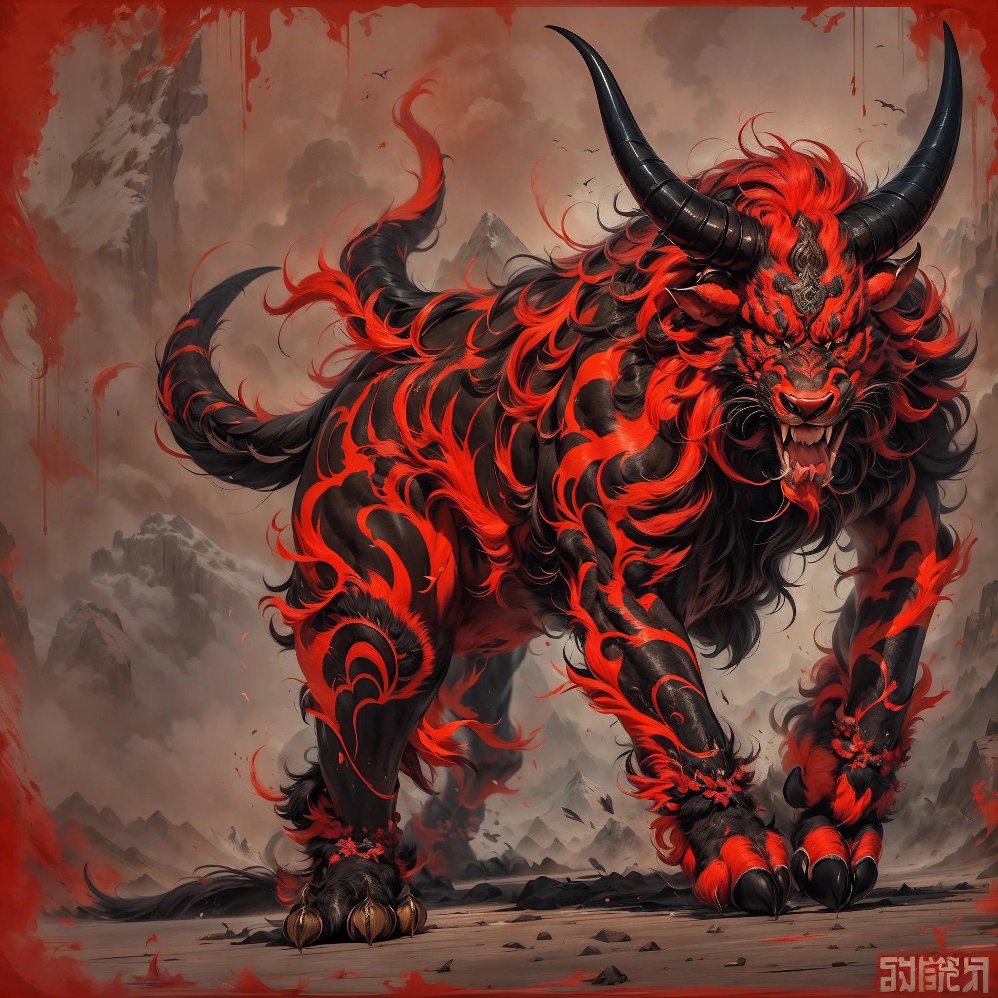 Kamada,((Masterpiece)),Best quality, ((illustration)),Original,extremelydetailedwallpaper,
((Fabulous ferocious animal)),{{anthro bull}},{{ Long horns}},(Red and black color),(Four feet:1.5)，(Solo),Mountain,Big and strong,The demons,tyrannical,No Man