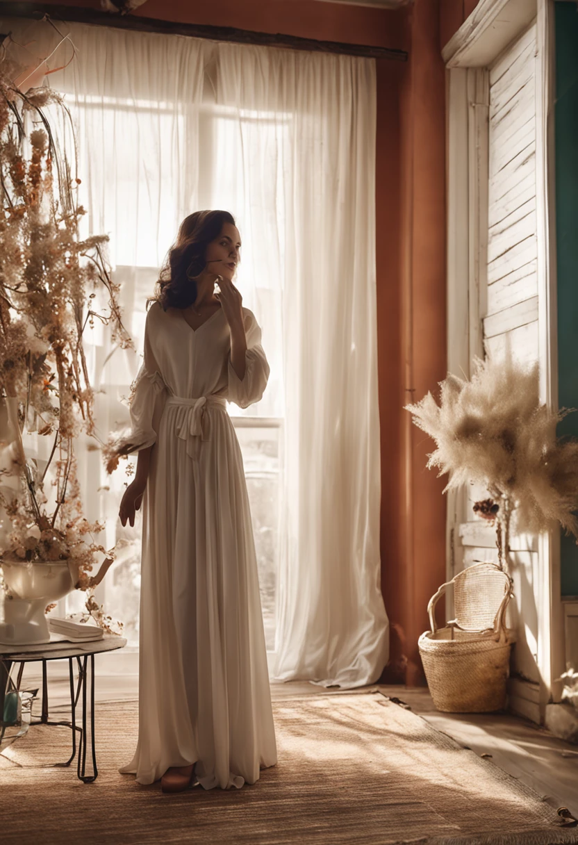 Western-style room with white wallpaper White fluttering curtains Woman Touching Smartphone cool