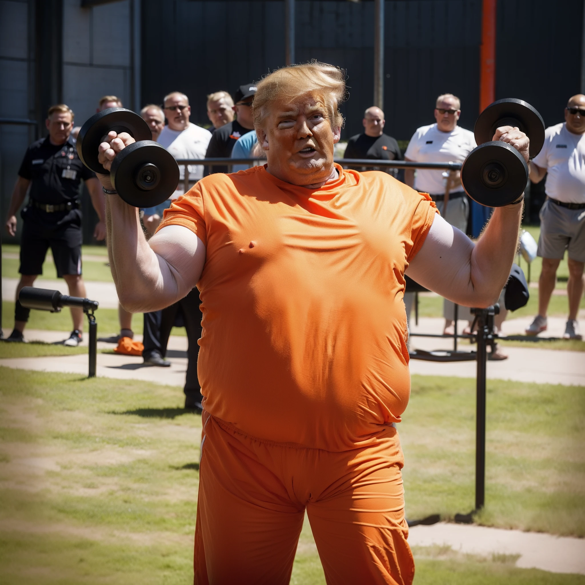 overweight Donald Trump in orange shirt lifting two dumbbles in front of a crowd, obese donald trump in prison, donald trump in jail and very fat, wearing orange prison jumpsuit with big belly, dressed in orange inmate attire, fat and wearing prison jumpsuit, donald trump as a fat pig