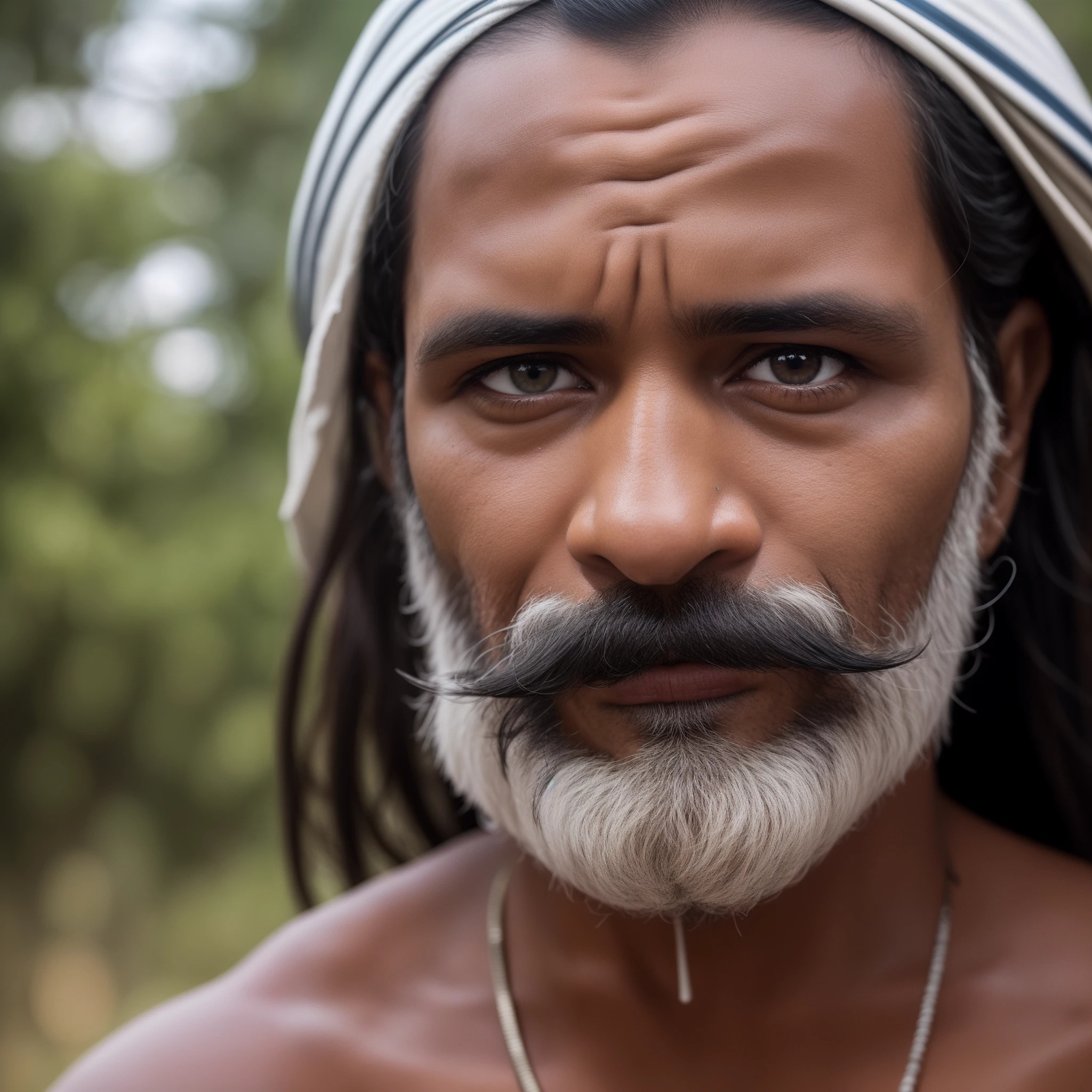 "A person resembling an Indian bhagat, tribal priest, adivasi with a moustache, adivasi, aboriginal, he looks like mixers of australoid and negro race, indian aboriginal, indian, he has captured in a close-up shot,sparks, glossy, dust particles , 3D look, sunshine, feathers, HD, flowers,Glowing hair, glossy eyes."