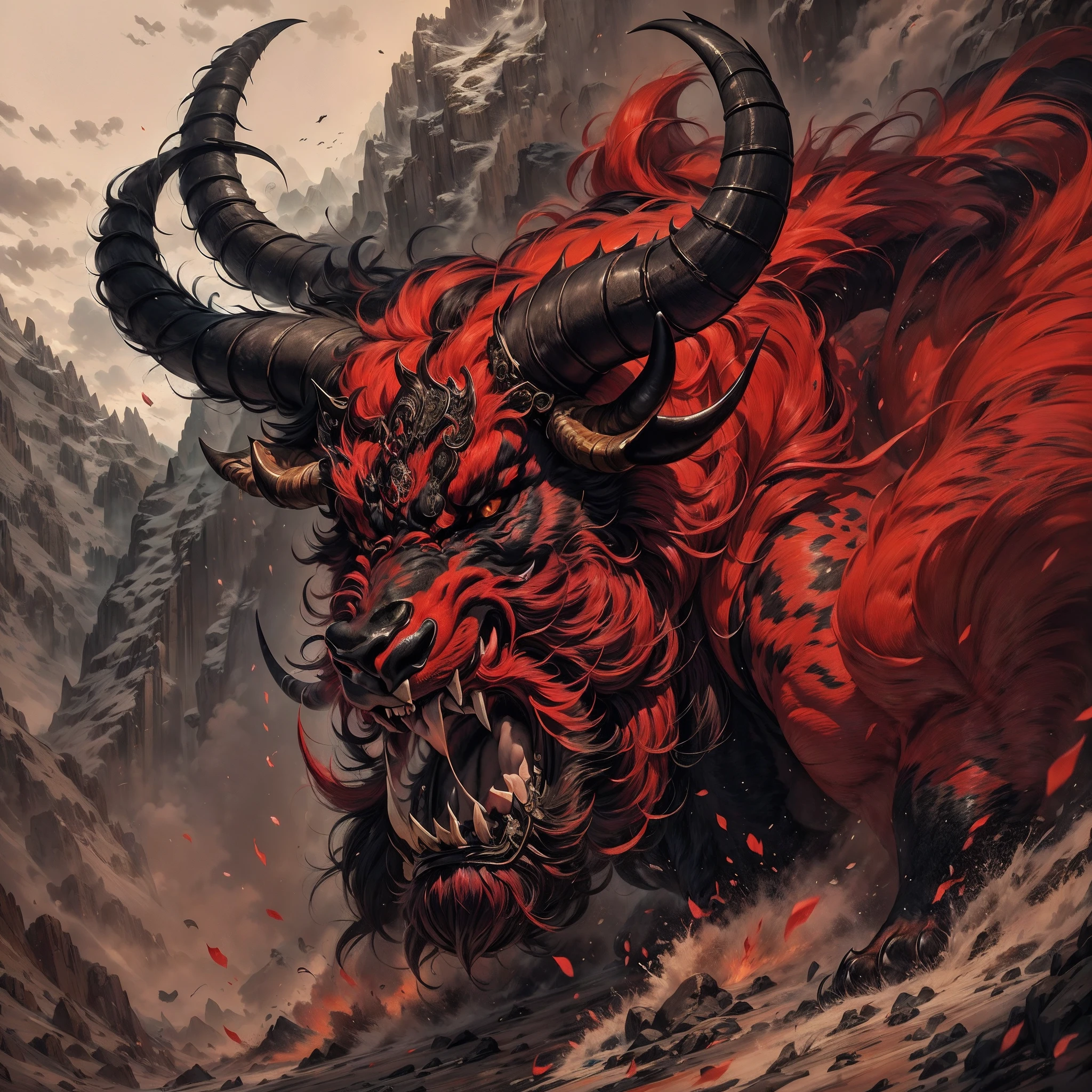 Kamada,((Masterpiece)),Best quality, ((illustration)),Original,extremelydetailedwallpaper,
((Fabulous ferocious animal)),{{anthro bull}},{{ Long horns}},(Red and black color),(Four feet:1.5)，(Solo),Mountain,Big and strong,The demons,tyrannical,No Man