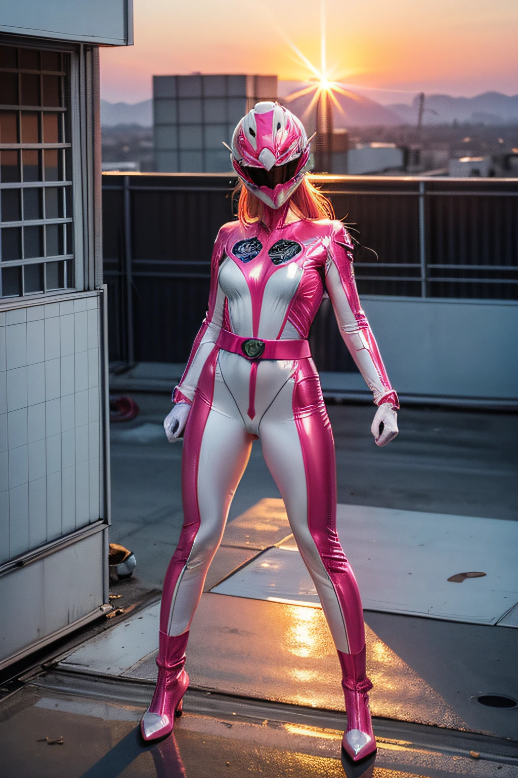 masutepiece, Super Detail, Best Quality, High resolution, reflective light, ((Anatomically correct)), ((1 girl in)), Solo, ((Full face helmet with no exposed face and head hair)), Full body suit in pink color, (Thick and intricate lines drawn on the chest), Lines on the sides of the suit, a belt, The suit is pink with long gloves and boots are white, (Very shiny helmet and suit), Three-dimensional helmet, fighting poses, ((Sunset sky in the background, Sunset sun, Steel rooftop of a building under construction))