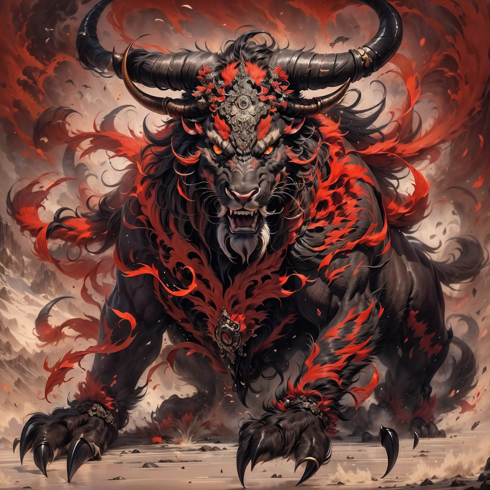 Kamada,((Masterpiece)),Best quality, ((illustration)),Original,extremelydetailedwallpaper,
((Fabulous ferocious animal)),{{anthro bull}},{{ Long horns}},(Red and black color),(Four feet:1.5)，(Solo),Mountain,Big and strong,The demons,tyrannical,No Man