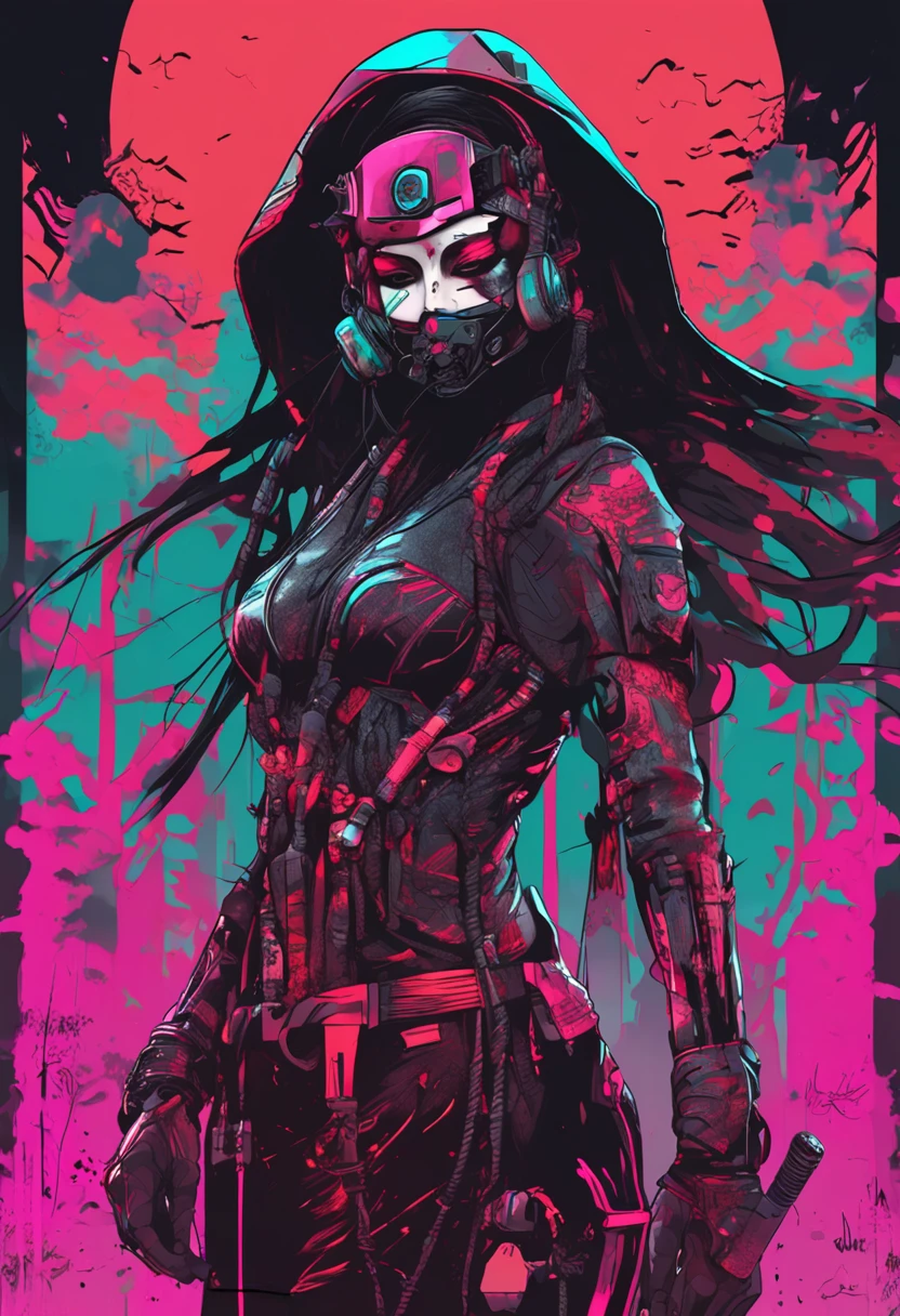 Deadly geisha cyborg assassin in a hooded kimono & Armor, Futuristic ski sunglasses, dangers, Red-yellow sky, Post-apocalyptic art, Neon horror, Sci-fi, glitchcore, CGSesociety, Modern European ink painting, androgyne, mixed media, dystopian art, Black and neon cosmic art, Simulating horror, Come on nightmare, Spacepunk, glitchcore, hauntingly beautiful, Beautiful and ominous. World-class female cyborgs