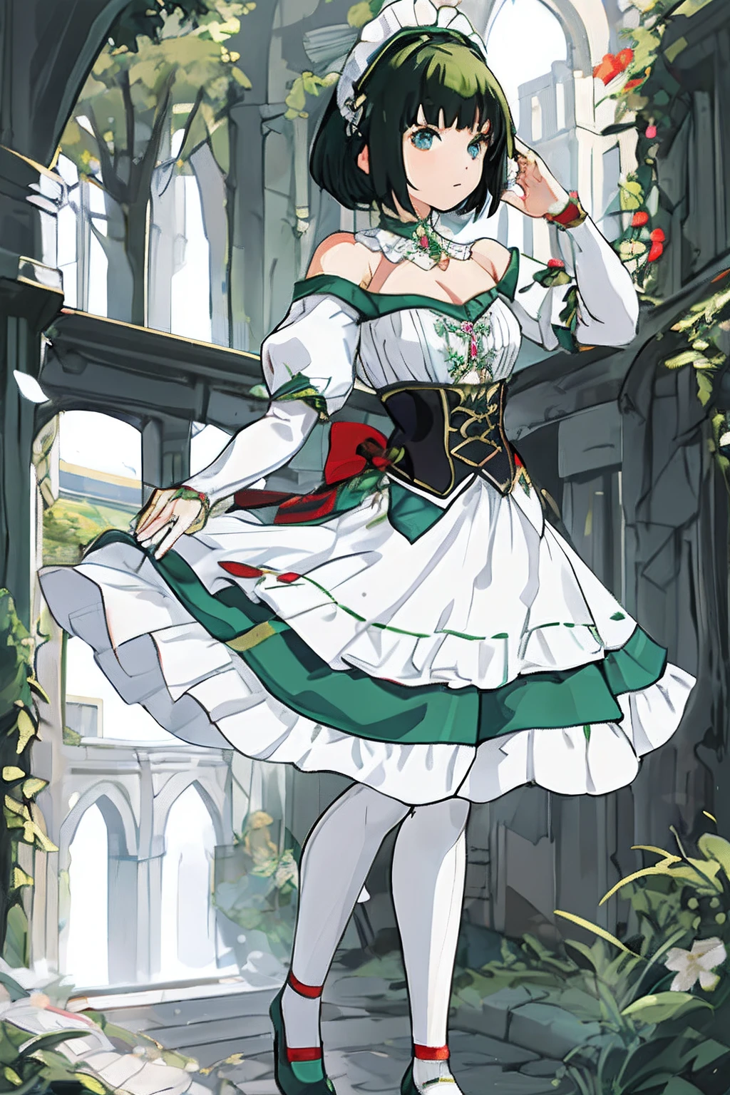 masterpiece, best quality, 1girl,  medieval times, full body, medium hair, jewelry, gem, green and white dress, off-shoulder, bow, white pantyhose, vertical-striped pantyhose, puffy sleeves, blunt bangs, detached collar, maid headdress, red bow, green collar, green shoes, corset, blue eyes,  black hair, short hair,