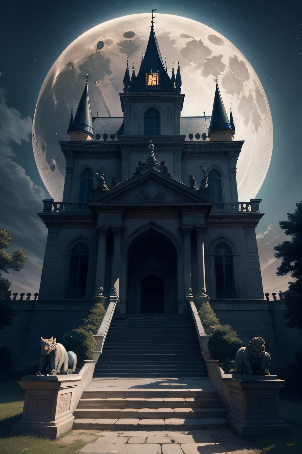 haunted castle full moon night with statues of fierce lions entrance staircase