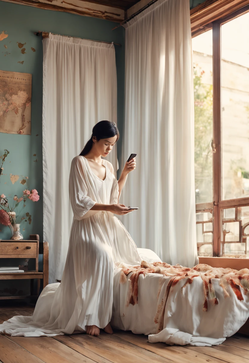 Western-style room with white wallpaper White fluttering curtains Japan woman touching her smartphone cool