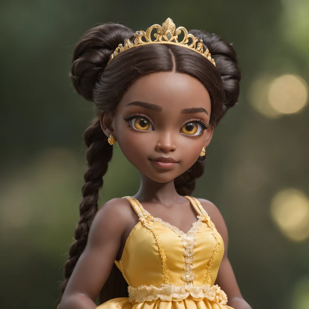detailed cartoon, Black young princess sister with hair braids and almond-shaped eyes, Dark brown skin, The whole body is wearing a yellow princess dress, cartoon character, 8K, High quality, high resolution, 4K, HD,(Well-designed body), amazing body, (Super detailed), Beautiful eyes, Cartoon