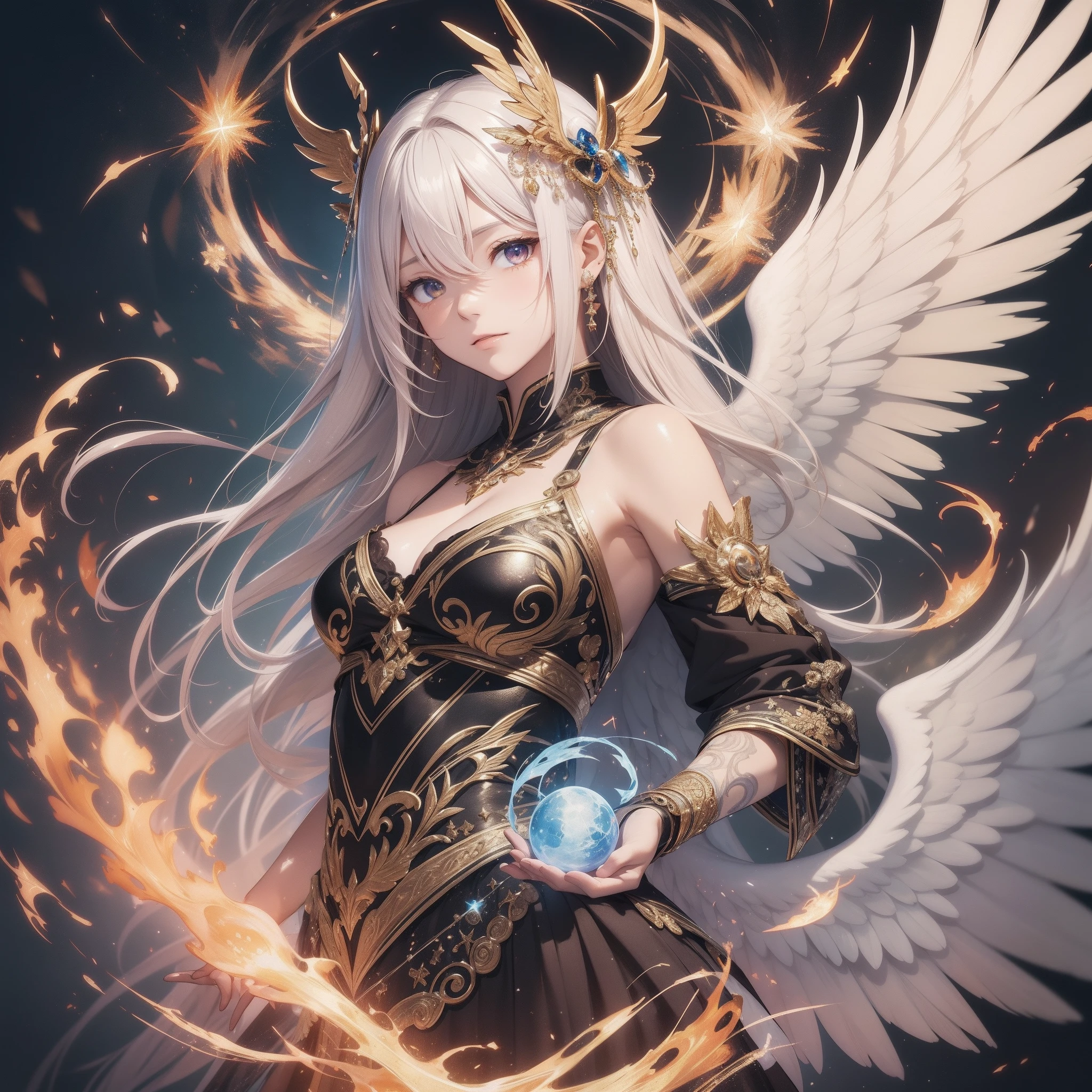 (​masterpiece), (top-quality:1.4), [:intricate-detail:0.2], angelicales, sirius，phoenix wings, milkyway, shimmering aura, Intense focus, Crackling energy, mystic symbols, sparkling motes, burning